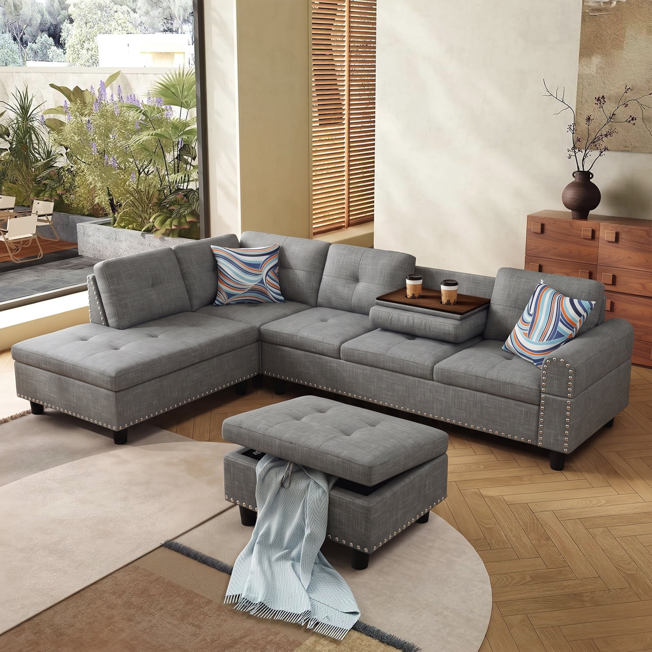 AENKYO 98" L-Shaped Sectional Sofa with Reversible Chaise, Storage Ottoman & Cup Holders, Linen, Gray