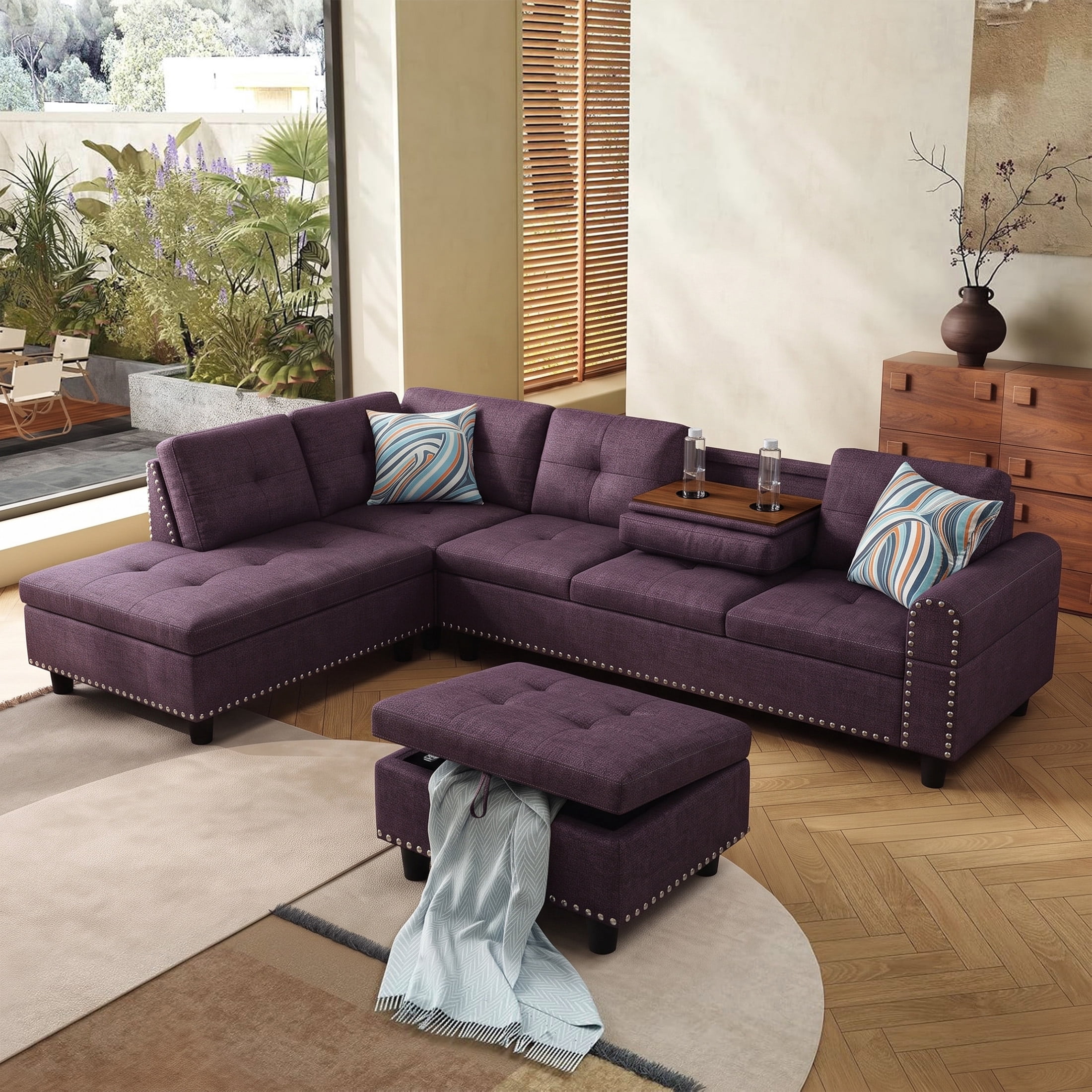AENKYO 98" L-Shaped Sectional Sofa with Reversible Chaise, Storage Ottoman & Cup Holders, Linen, Purple