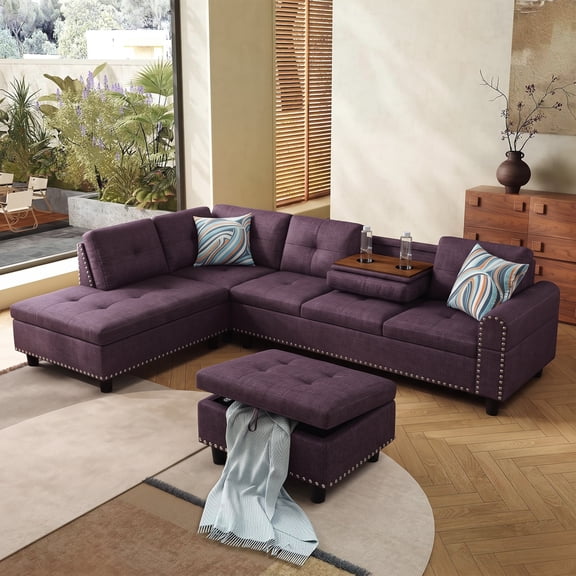 AENKYO 98" L-Shaped Sectional Sofa with Reversible Chaise, Storage Ottoman & Cup Holders, Linen, Purple