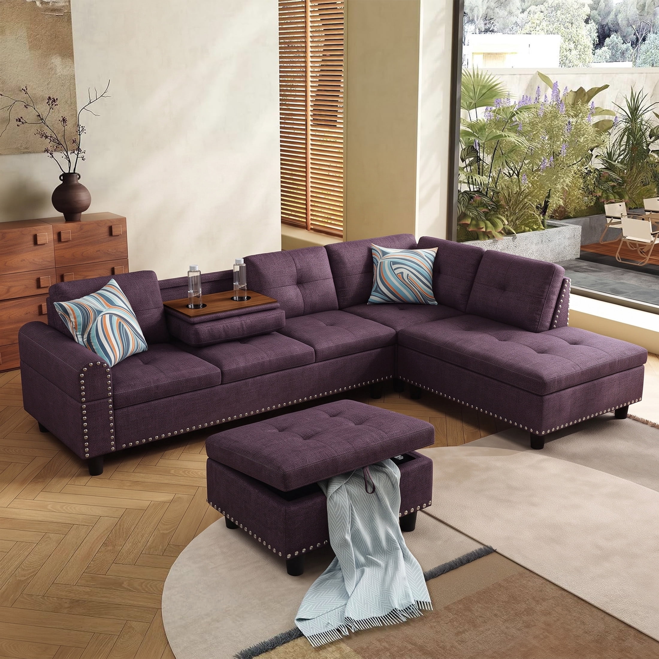 AENKYO 98" L-Shaped Sectional Sofa with Reversible Chaise, Storage Ottoman & Cup Holders, Linen, Purple