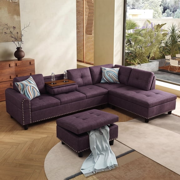 AENKYO 98" L-Shaped Sectional Sofa with Reversible Chaise, Storage Ottoman & Cup Holders, Linen, Purple