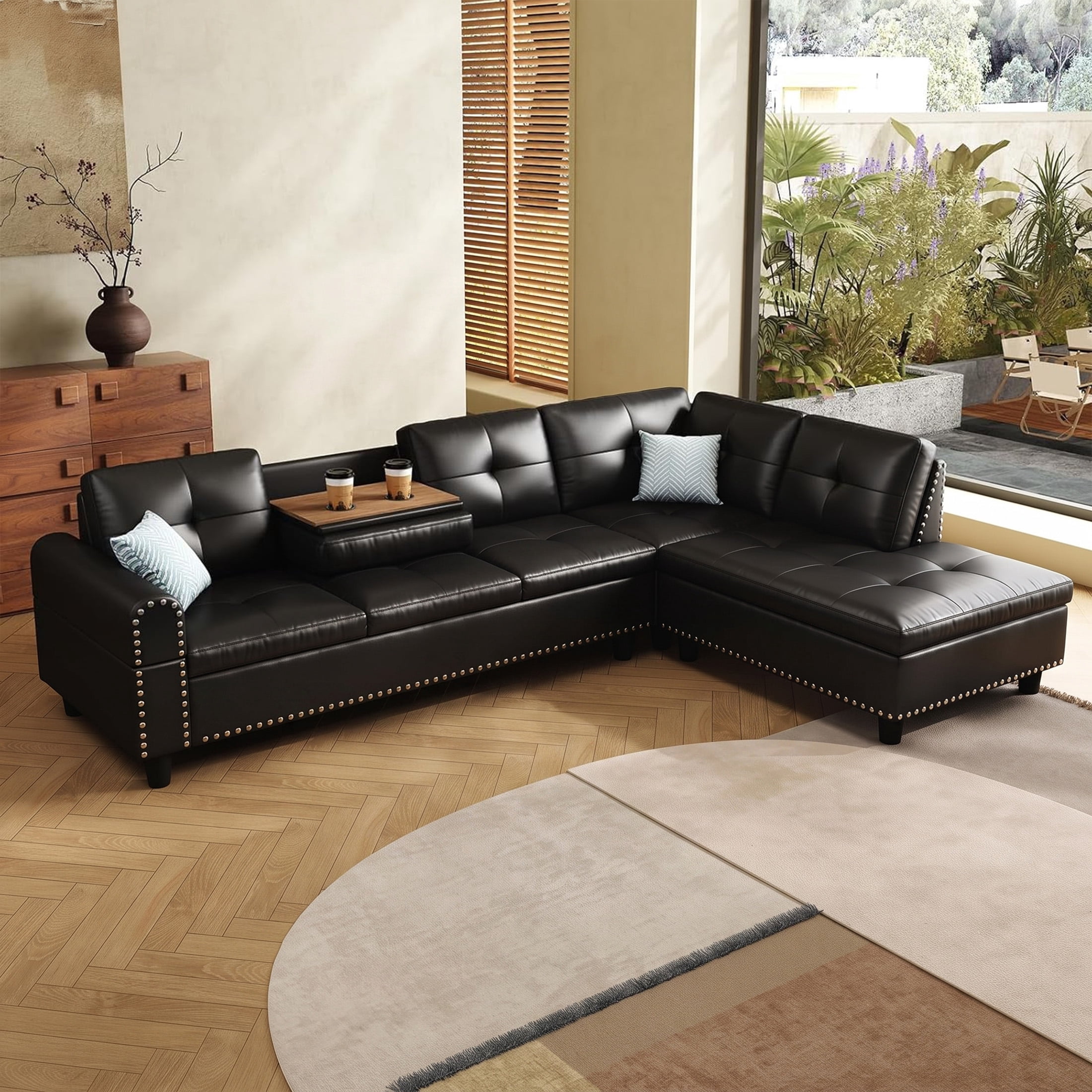 AENKYO 98" L-Shaped Sectional Sofa with Reversible Chaise and Cup Holders, Faux Leather, Black