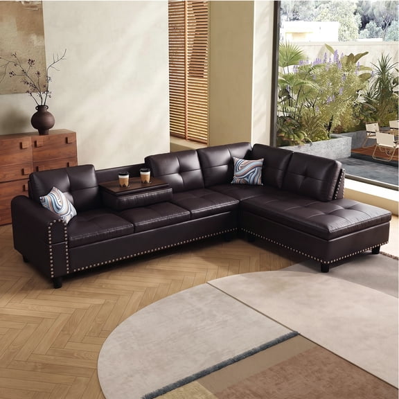 AENKYO 98" L-Shaped Sectional Sofa with Reversible Chaise and Cup Holders, Faux Leather, Brown