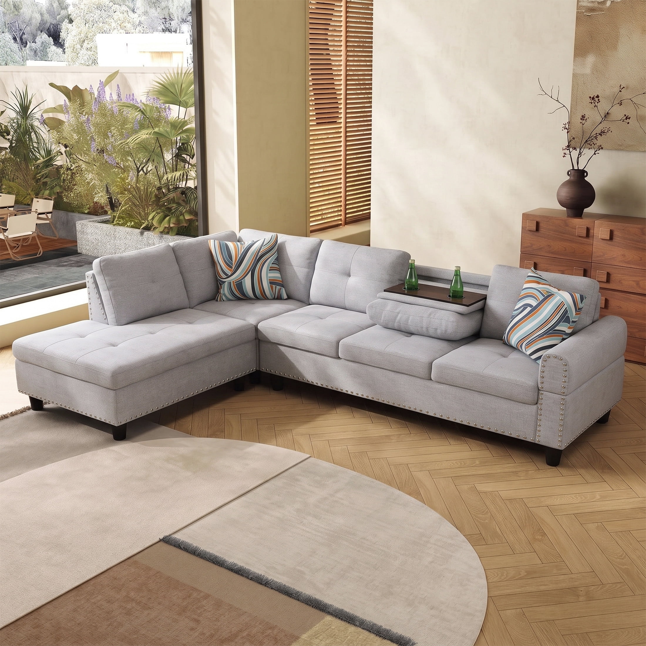 AENKYO 98" L-Shaped Sectional Sofa with Reversible Chaise and Cup Holders, Flannel, Light Gray