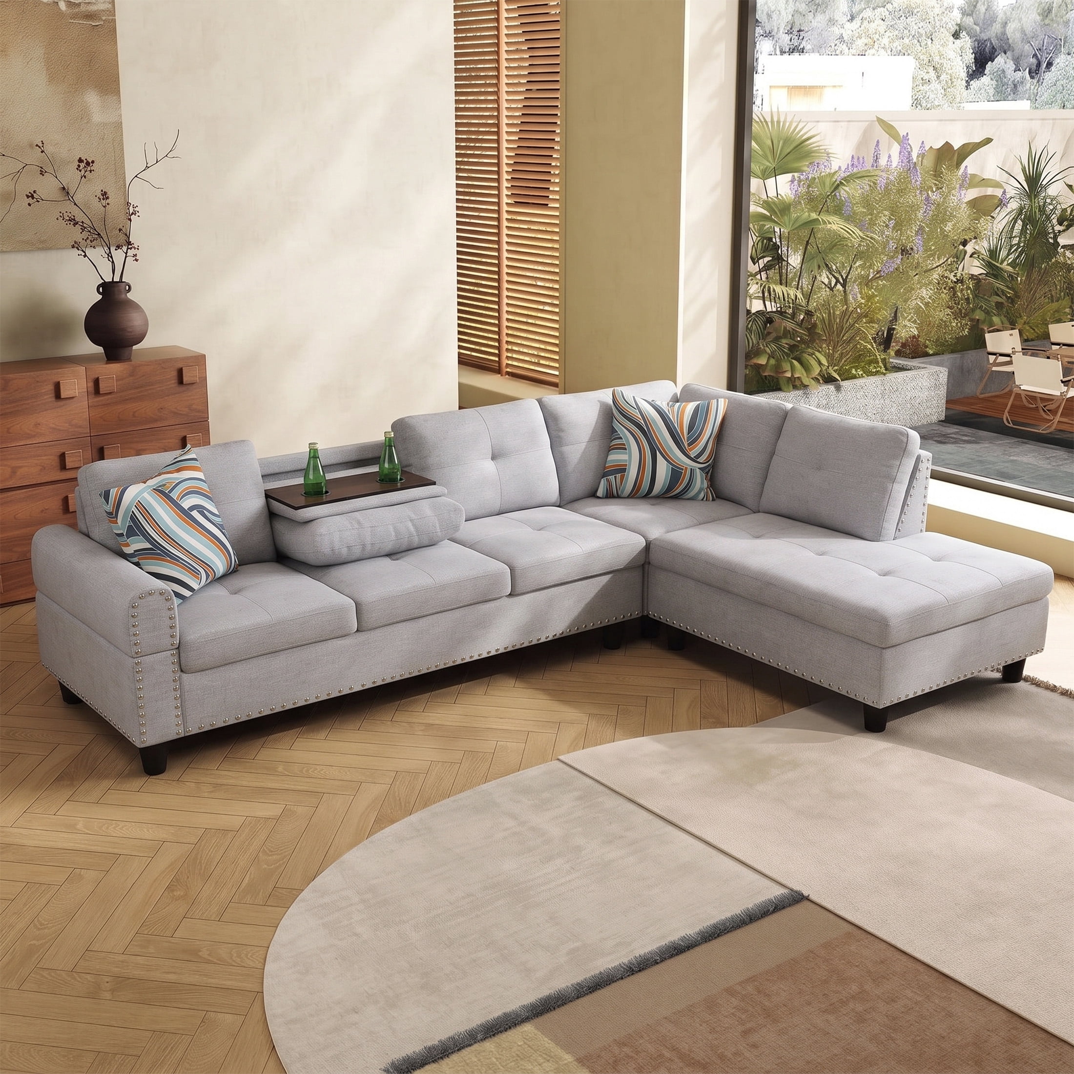 AENKYO 98" L-Shaped Sectional Sofa with Reversible Chaise and Cup Holders, Flannel, Light Gray