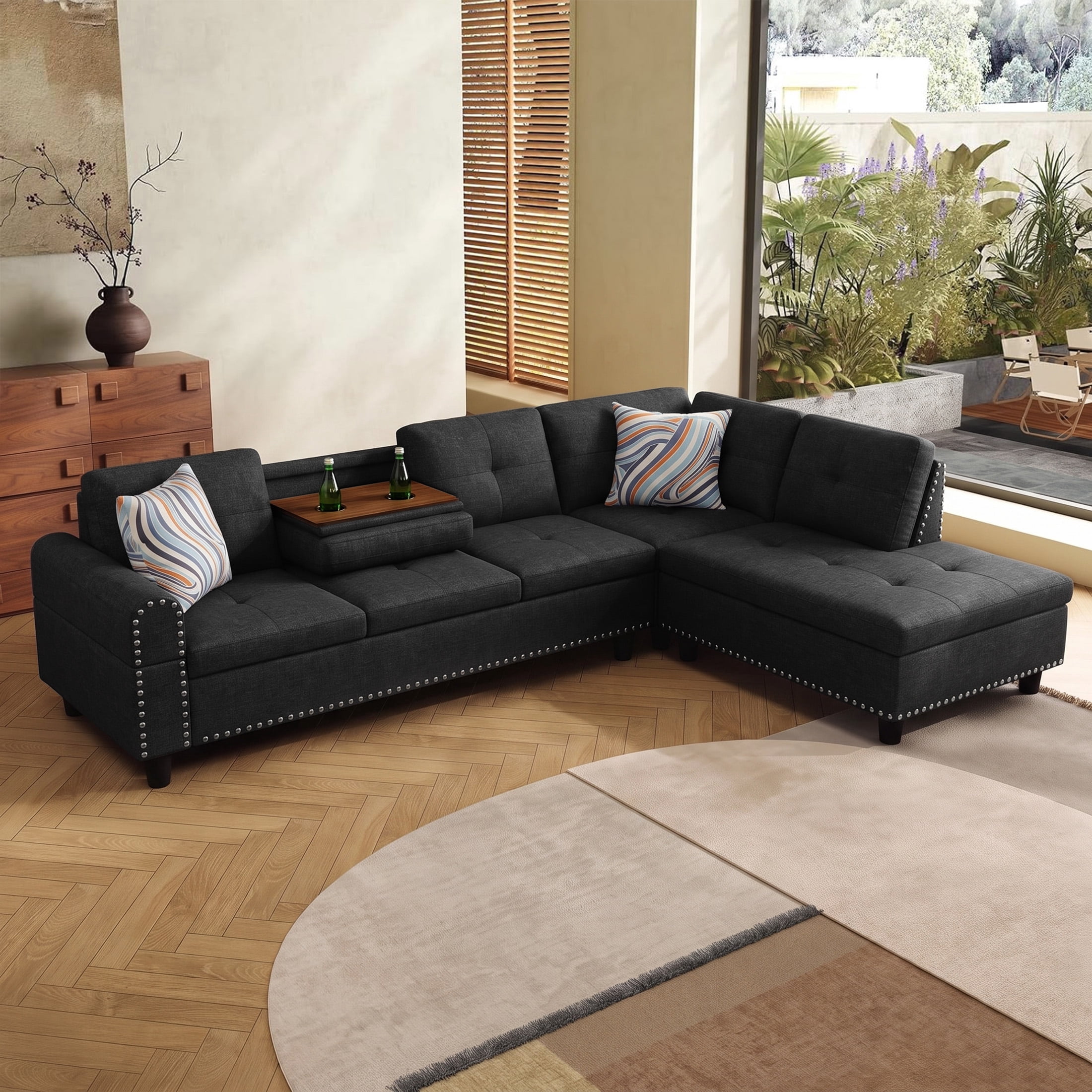 AENKYO 98" L-Shaped Sectional Sofa with Reversible Chaise and Cup Holders, Linen, Black Gray