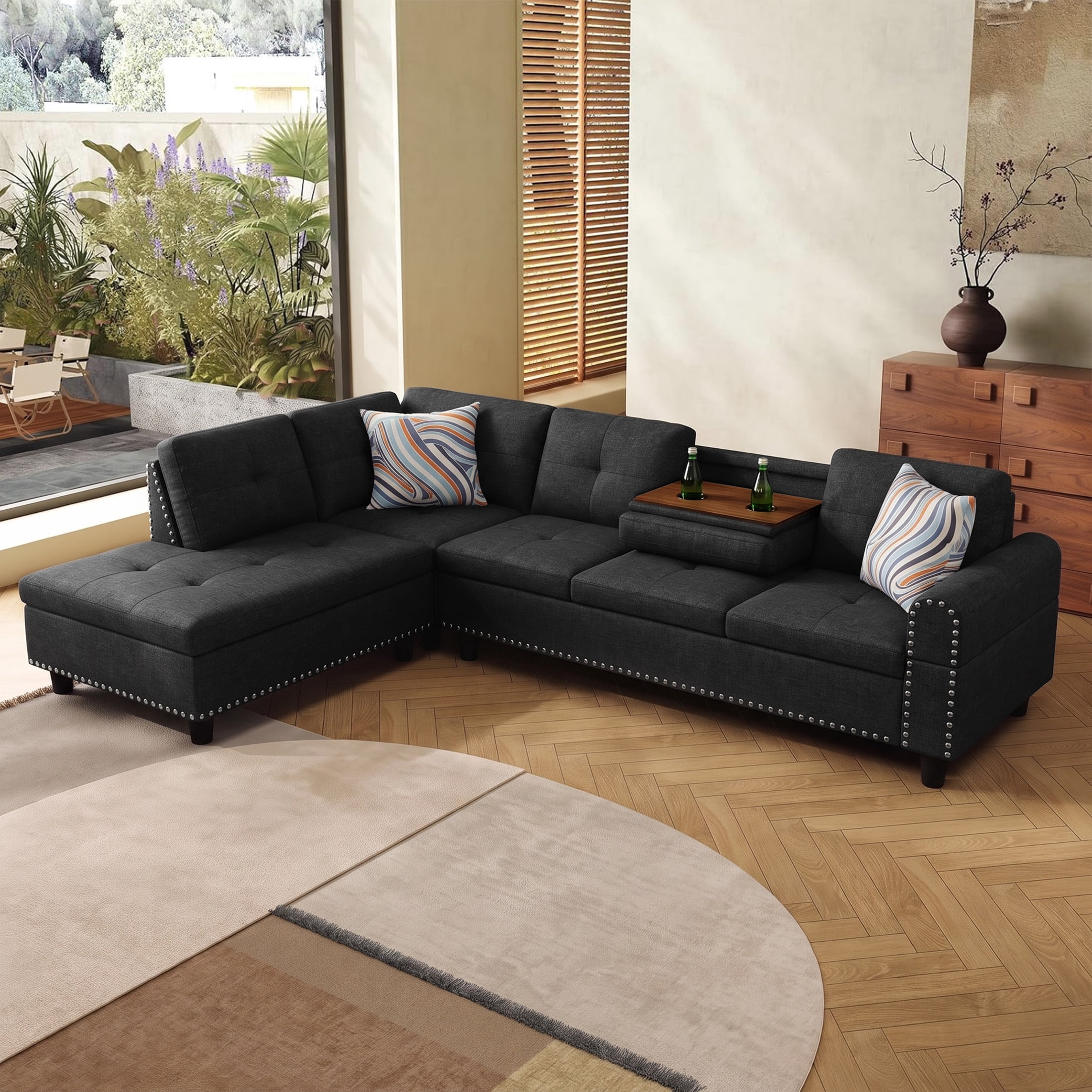AENKYO 98" L-Shaped Sectional Sofa with Reversible Chaise and Cup Holders, Linen, Black Gray