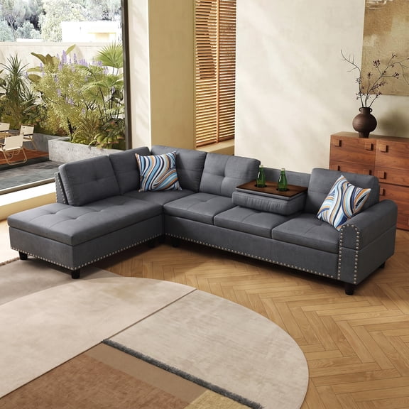AENKYO 98" L-Shaped Sectional Sofa with Reversible Chaise and Cup Holders, Linen, Dark Gray