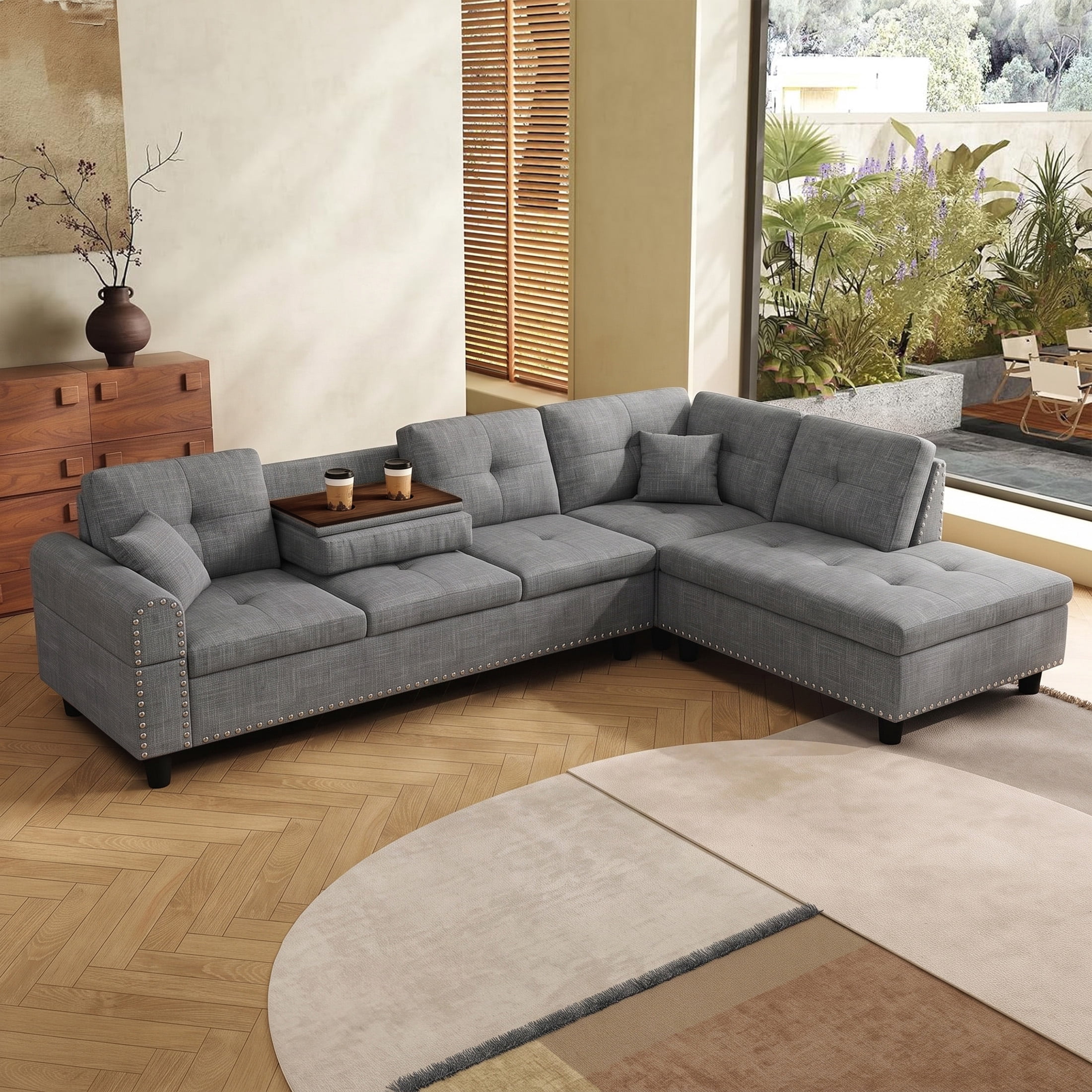 AENKYO 98" L-Shaped Sectional Sofa with Reversible Chaise and Cup Holders, Linen, Gray