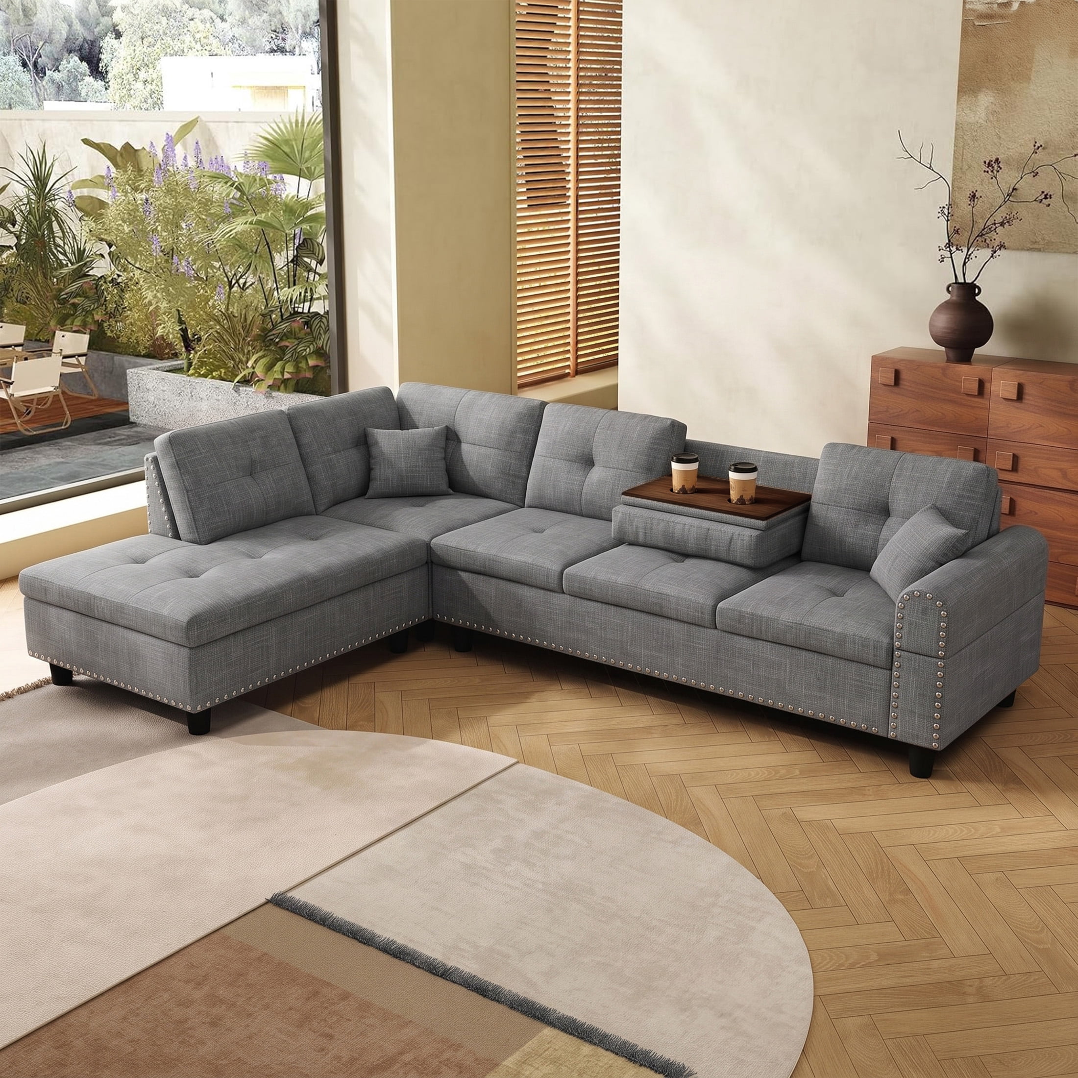 AENKYO 98" L-Shaped Sectional Sofa with Reversible Chaise and Cup Holders, Linen, Gray