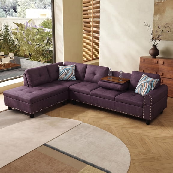AENKYO 98" L-Shaped Sectional Sofa with Reversible Chaise and Cup Holders, Linen, Purple