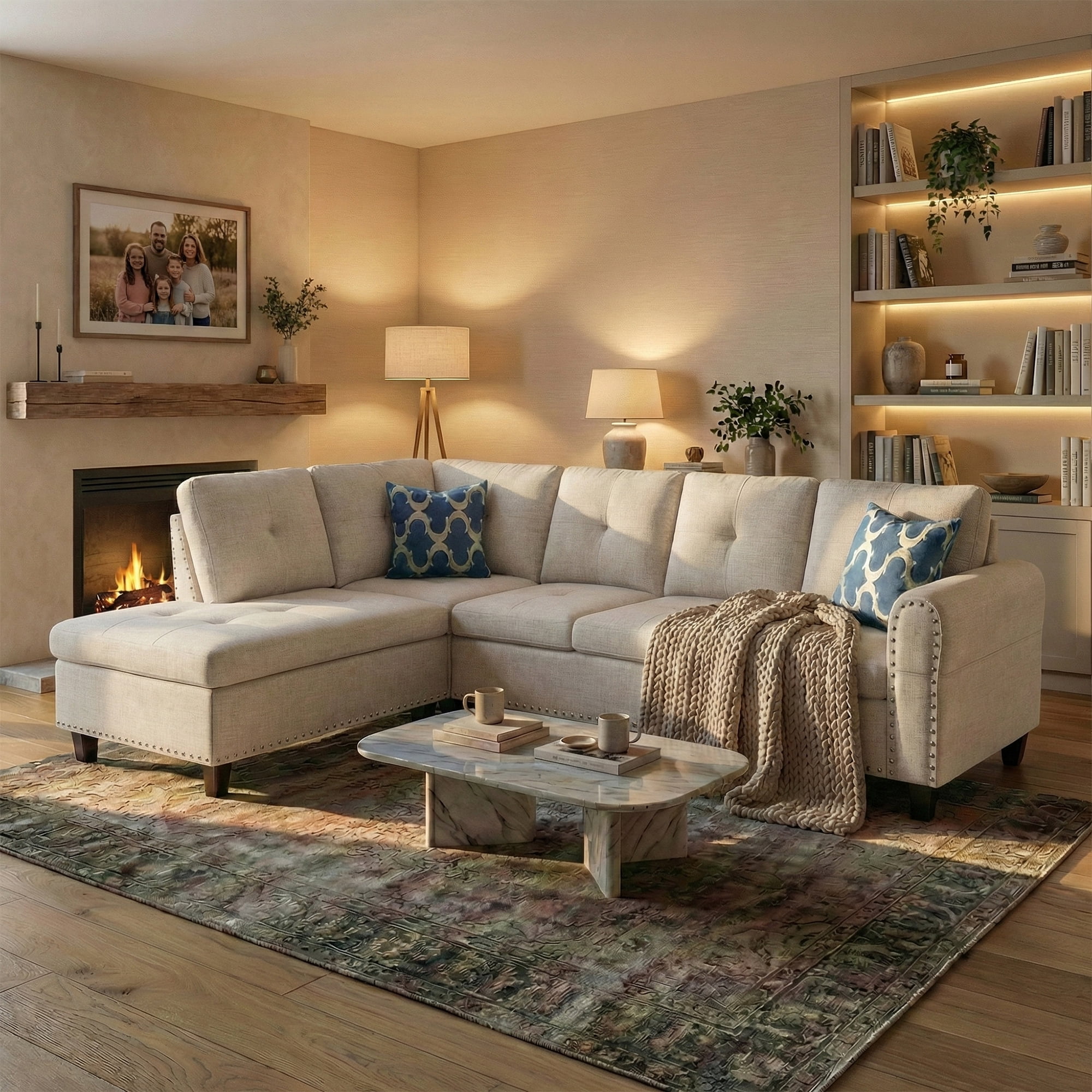 AENKYO 98" L-Shaped Upholstered Sectional Sofa Couch with Storage & Cup Holders, Faux Leather Living Room Sofa Set, Beige