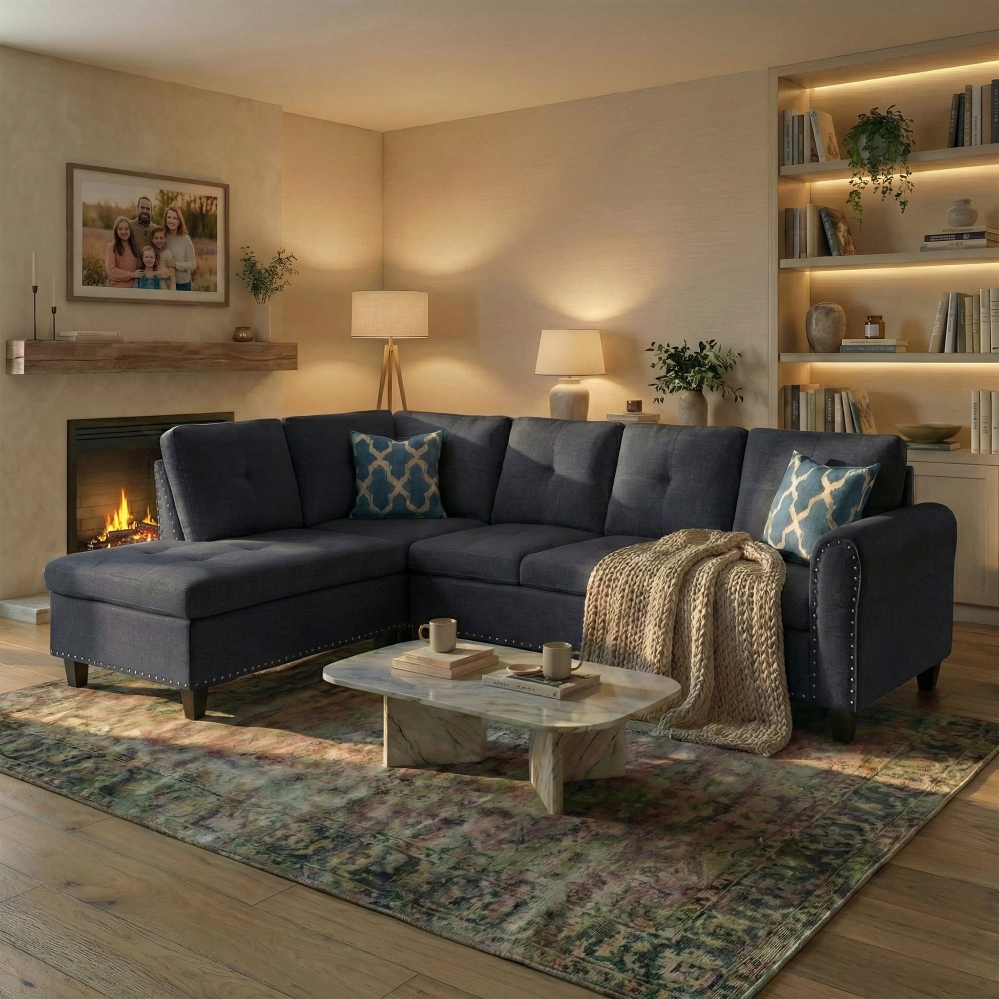 AENKYO 98" L-Shaped Upholstered Sectional Sofa Couch with Storage & Cup Holders, Faux Leather Living Room Sofa Set, Charcoal Gray