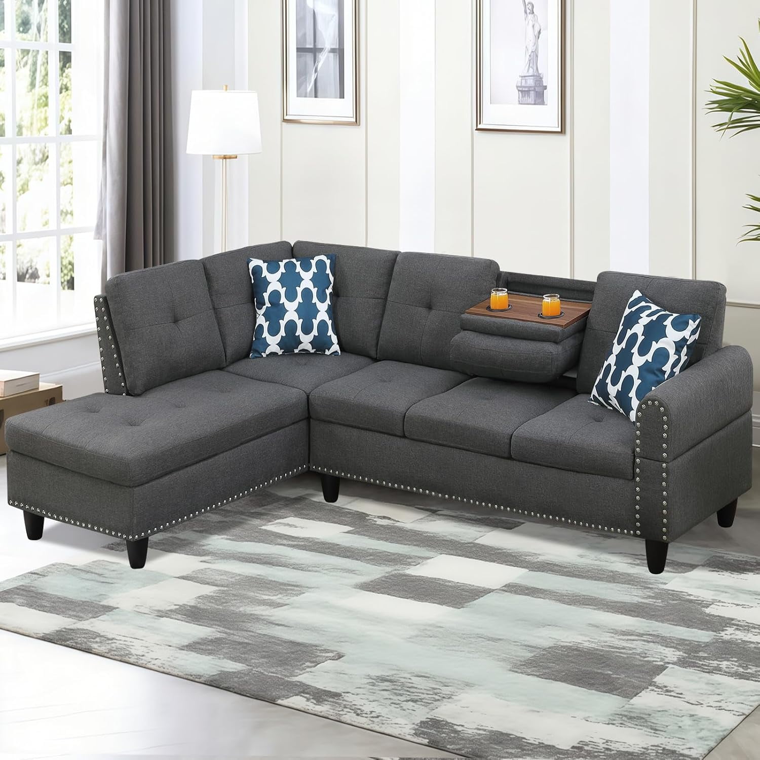 AENKYO 98" L-Shaped Upholstered Sectional Sofa Couch with Storage & Cup Holders, Faux Leather Living Room Sofa Set, Dark Gray