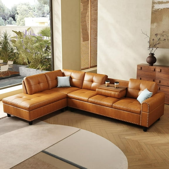 AENKYO 98" L-Shaped Upholstered Sectional Sofa Couch with Storage & Cup Holders, Faux Leather Living Room Sofa Set, Ginger