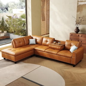AENKYO 98" L-Shaped Upholstered Sectional Sofa Couch with Storage & Cup Holders, Faux Leather Living Room Sofa Set, Ginger