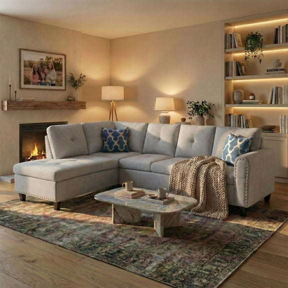 AENKYO 98" L-Shaped Upholstered Sectional Sofa Couch with Storage & Cup Holders, Faux Leather Living Room Sofa Set, Light Gray