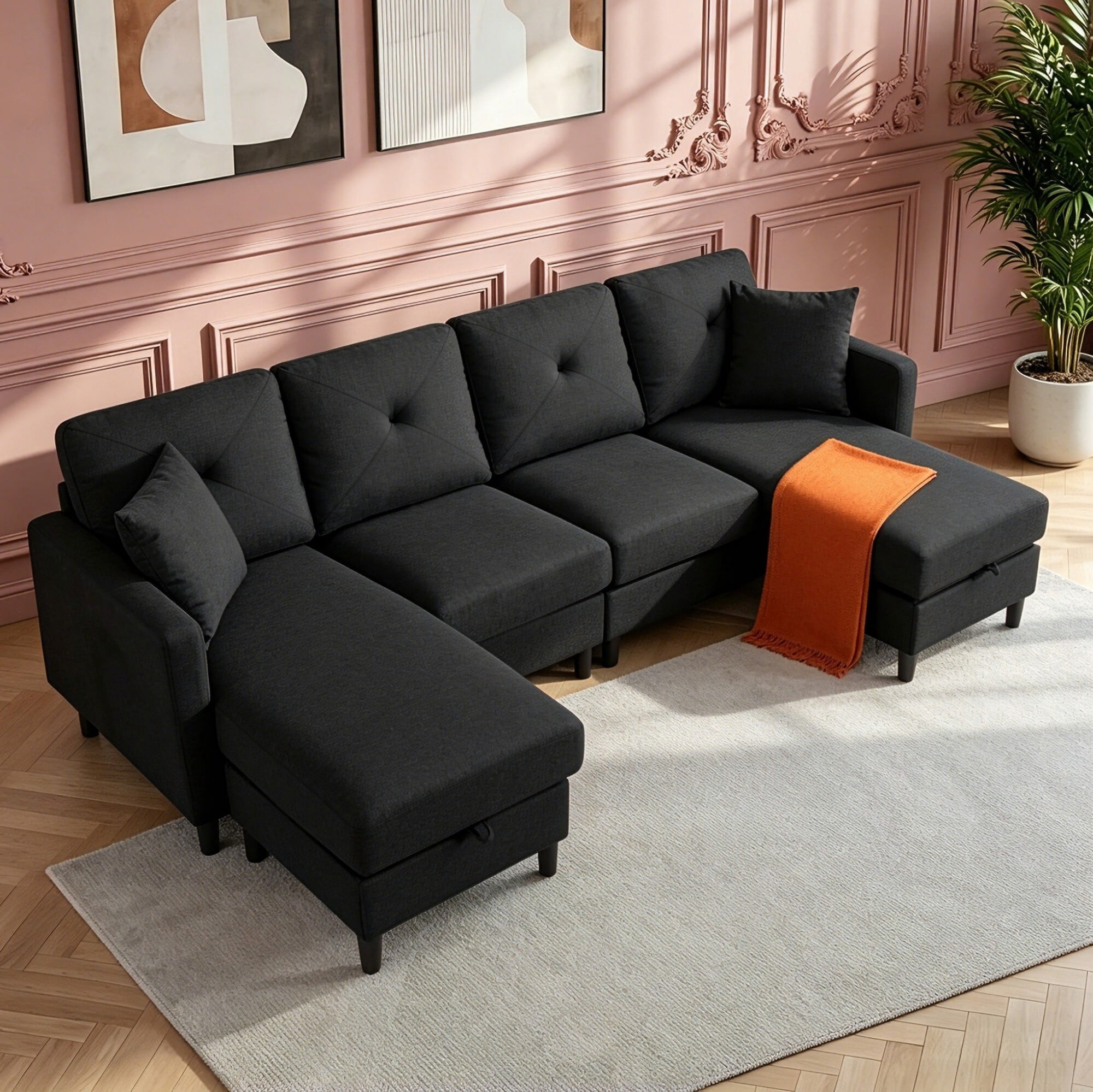 AENKYO 99" Modern U-Shaped Sectional Sofa, Modular Linen Couch with 2 Storage Ottomans & 2 Pillows, Black
