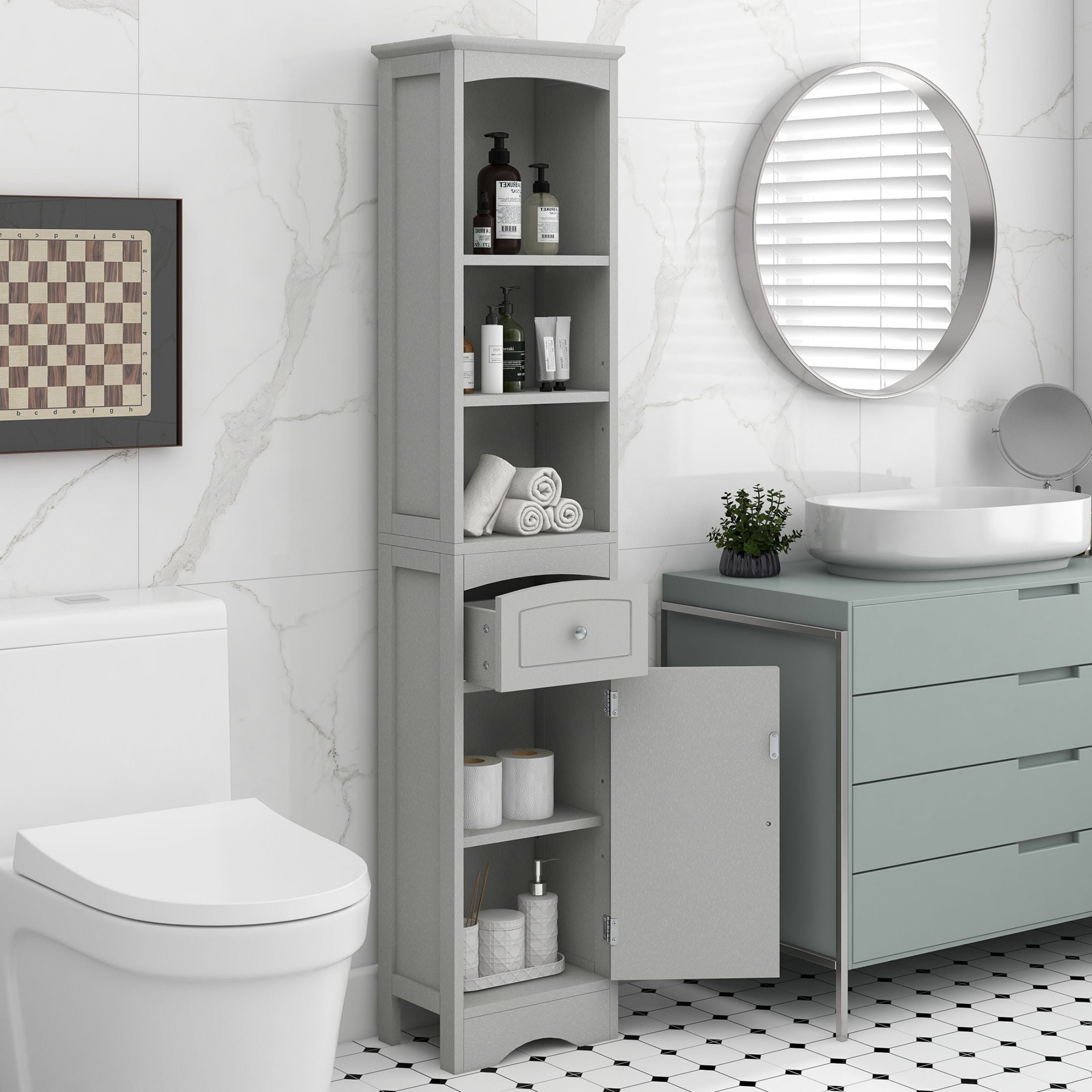 AENKYO Bathroom Cabinet with Adjustable Shelves, High Storage Cabinet with Open Spaces and Drawer, Gray