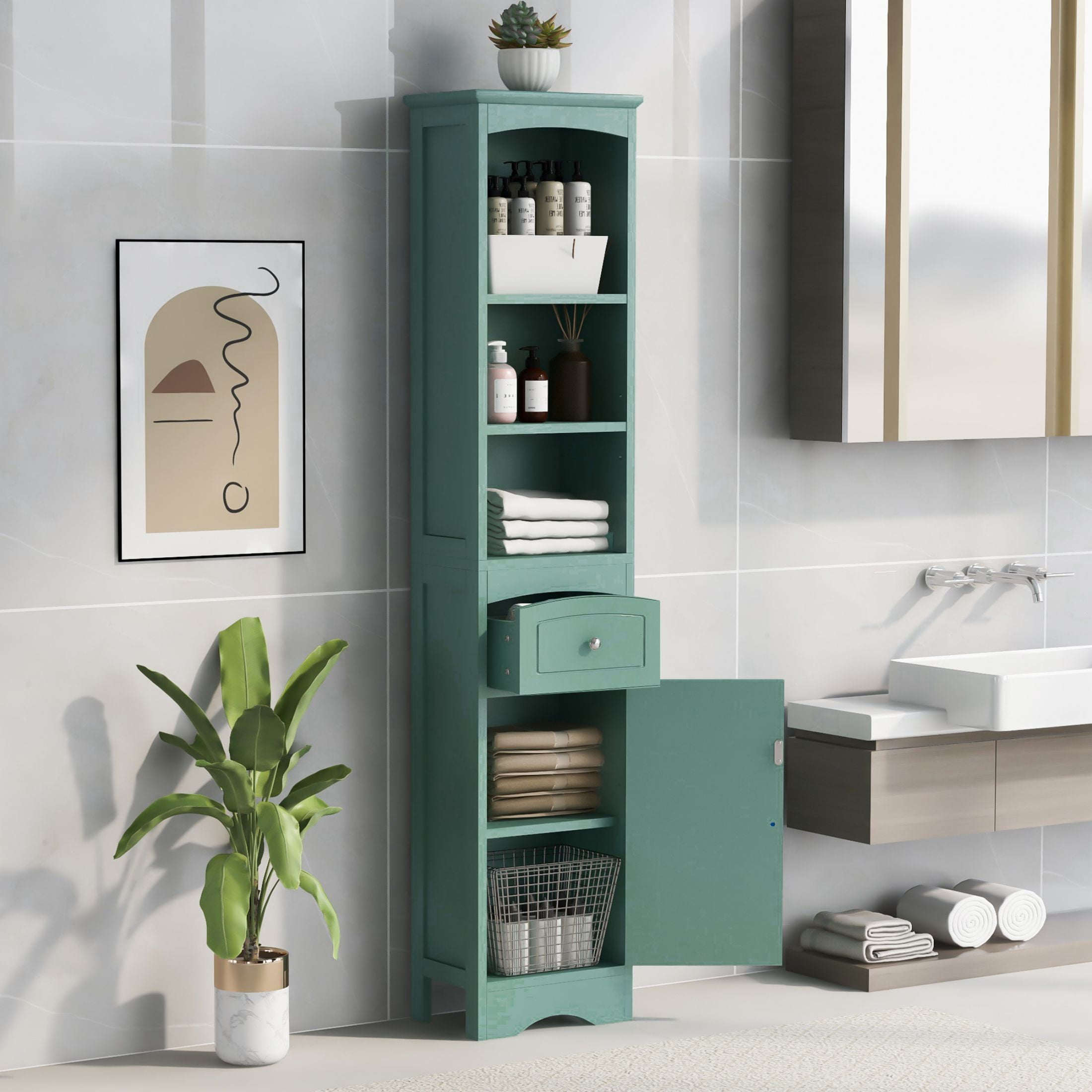 AENKYO Bathroom Cabinet with Adjustable Shelves, High Storage Cabinet with Open Spaces and Drawer, Green