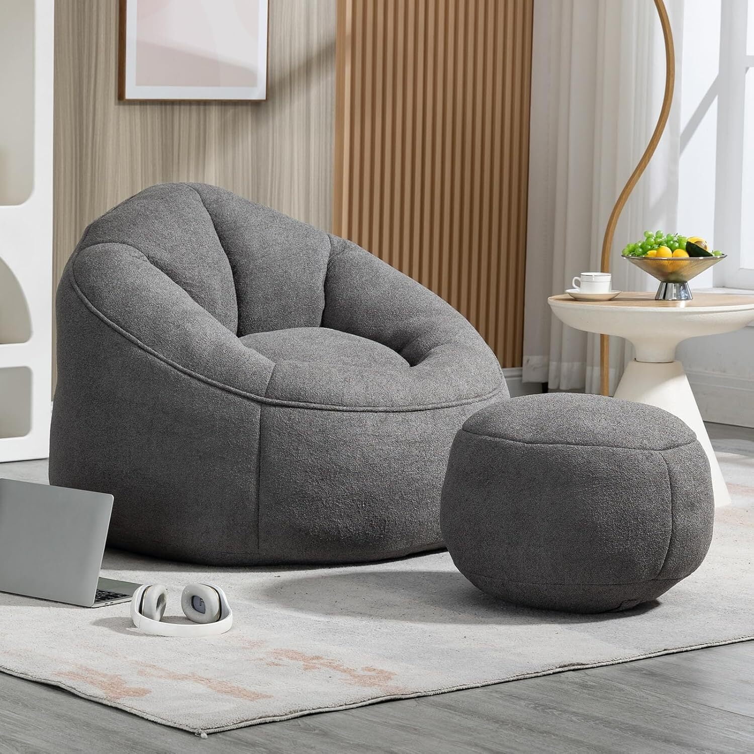 AENKYO Bean Bag Chair Shell-Shaped with Footstool, Memory Foam Microfiber Sofa for Adults - Grey