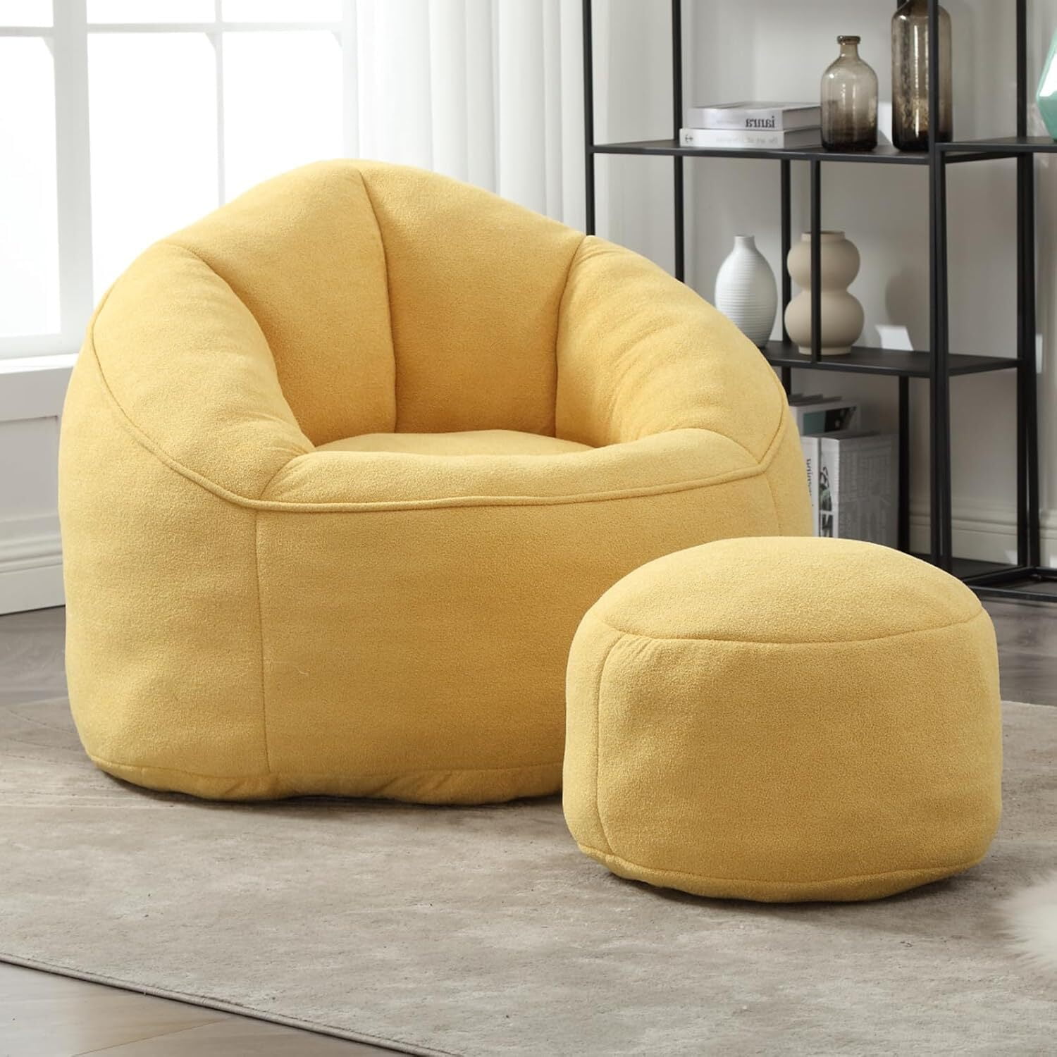 AENKYO Bean Bag Chair Shell-Shaped with Footstool, Memory Foam Microfiber Sofa for Adults - Yellow