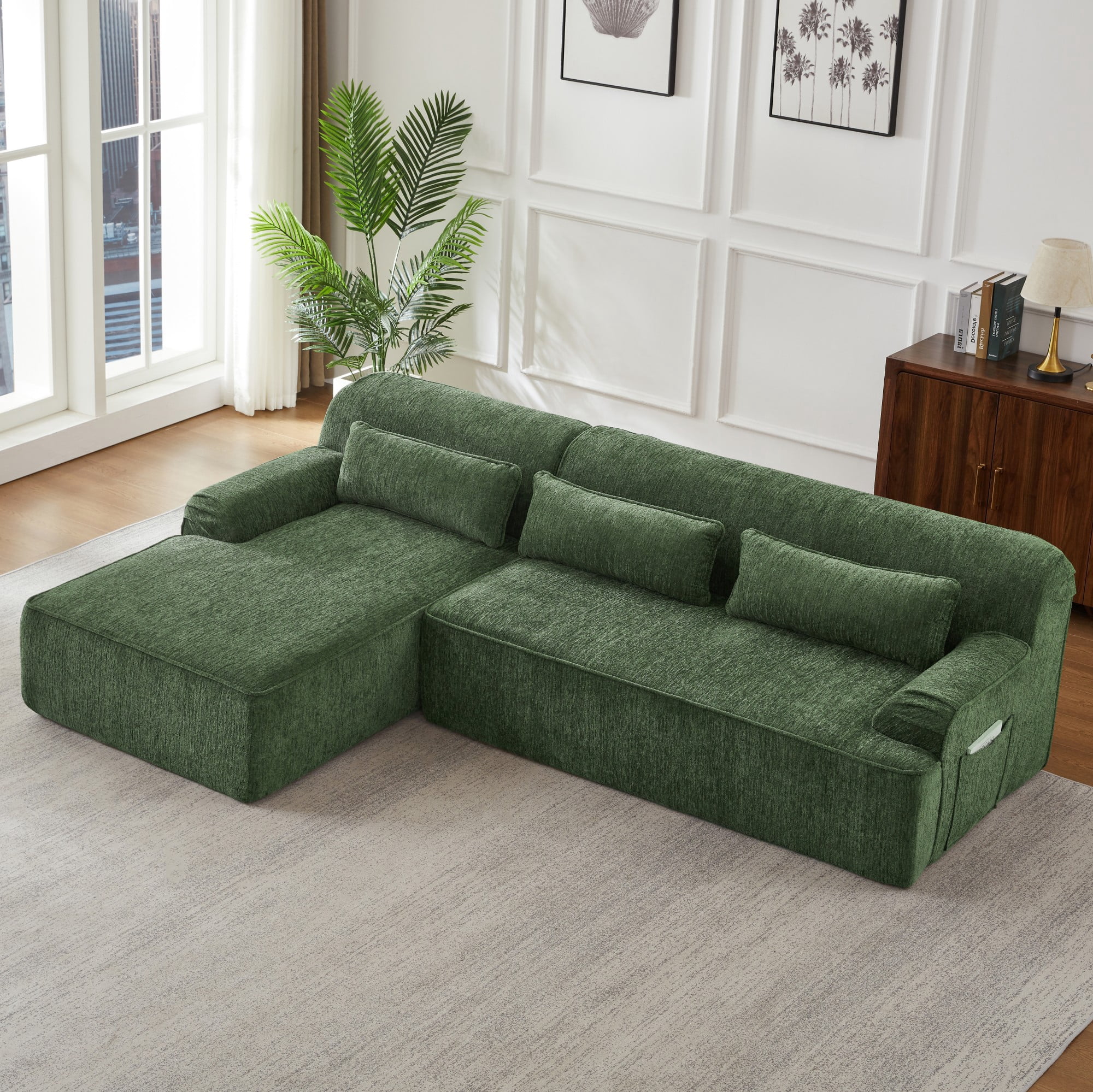 AENKYO Chenille L-Shaped Oversized Sectional Sofa, Minimalist Sleeper Couch for Living Room or Apartment, No Assembly Required (Green,Left-Facing Chaise)