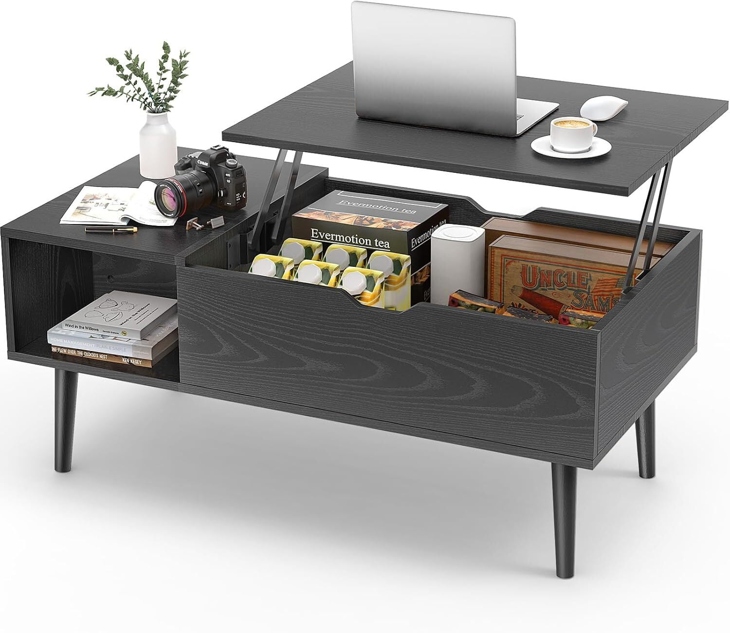 AENKYO Coffee Table, Lift Top Coffee Tables for Living Room with Storage Shelf and Hidden Compartment,Black