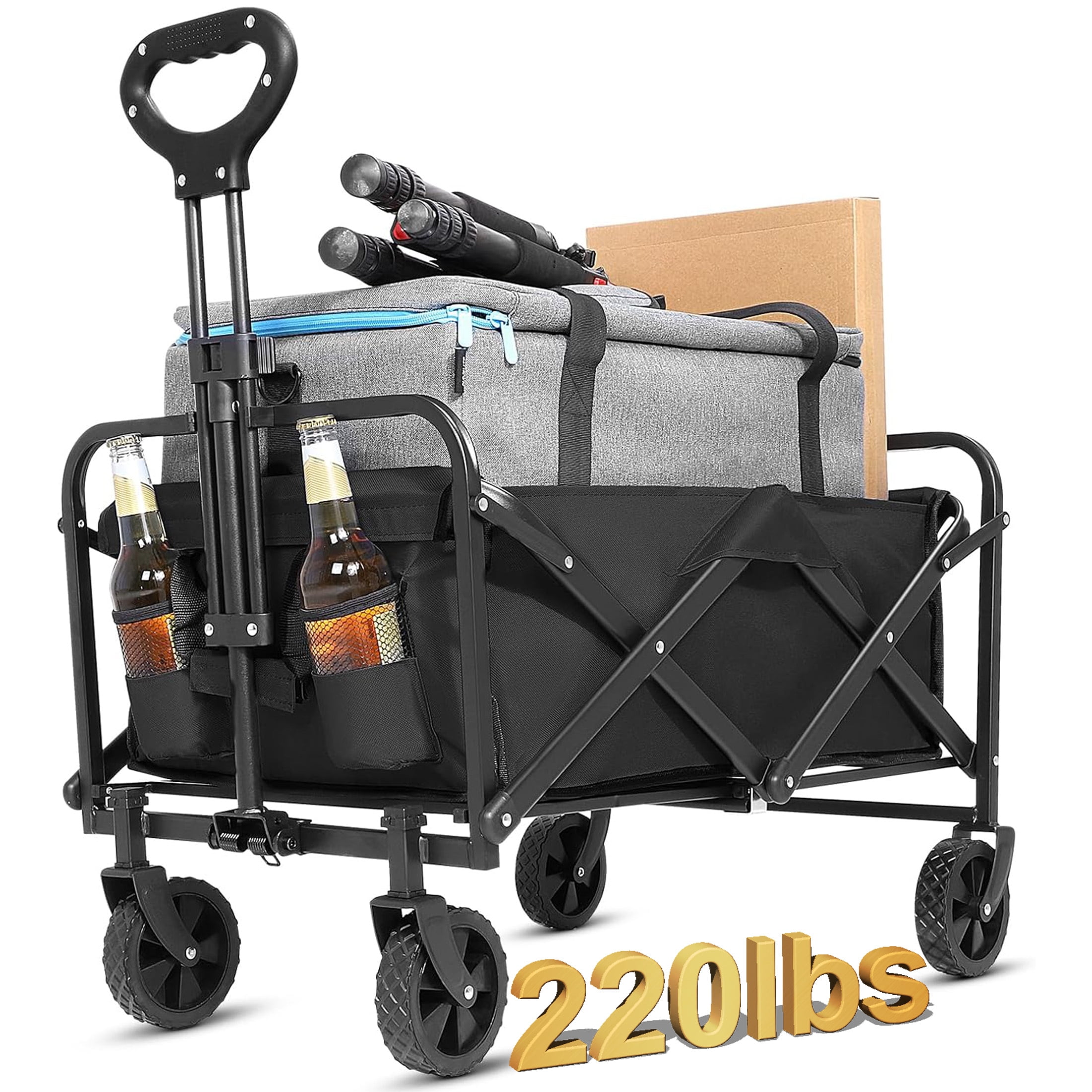 AENKYO Collapsible Folding Wagon, Heavy Duty Beach Cart, 220lb Weight Capacity for Sports and Camping