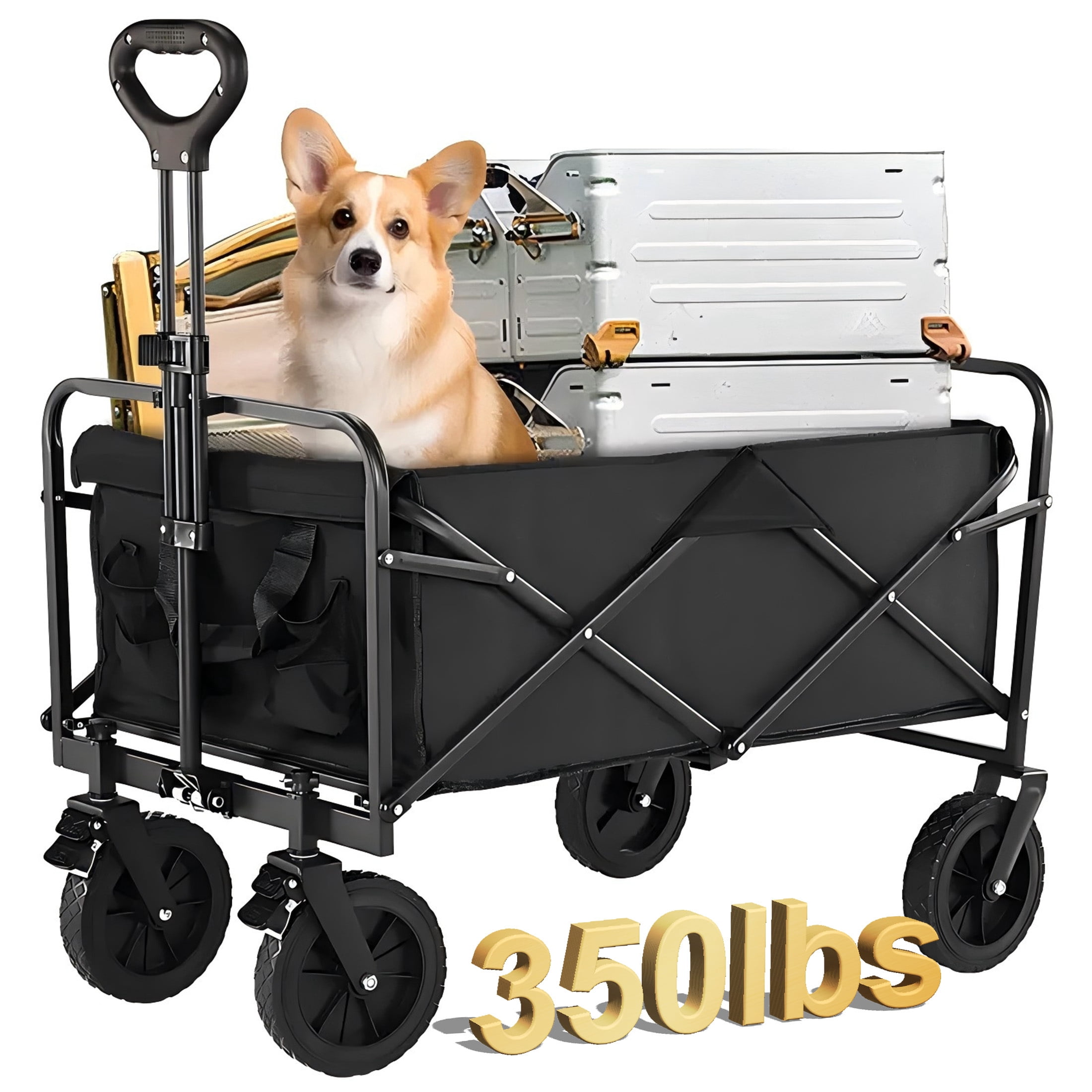 AENKYO Collapsible Folding Wagon, Heavy Duty Beach Cart, 350lb Weight Capacity for Sports and Camping
