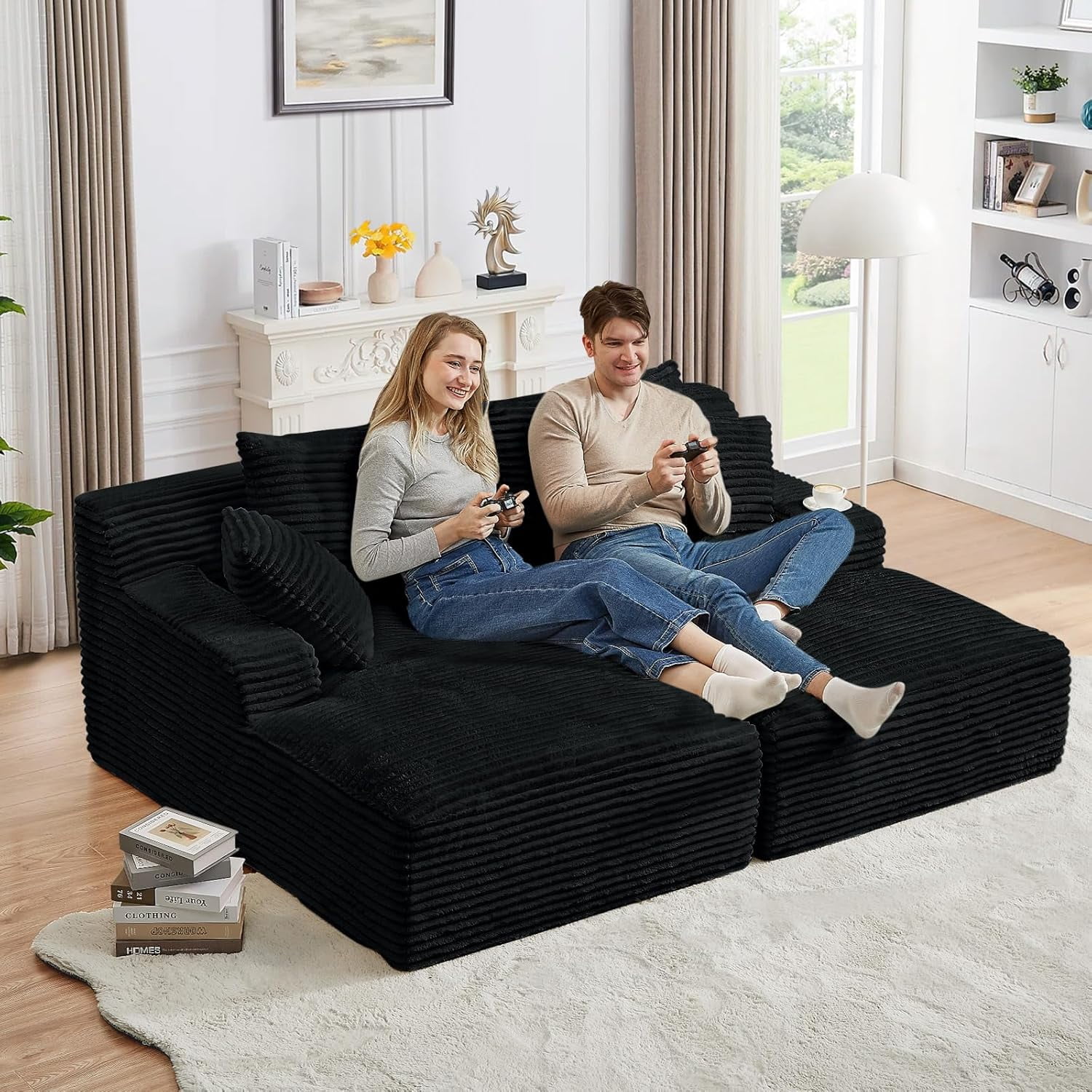 AENKYO Compressible Double Chaise Lounge Sectional Couch - Fluffy Upholstered 2-Seater Loveseat for Living Room, Bedroom, No Assembly Required, Black