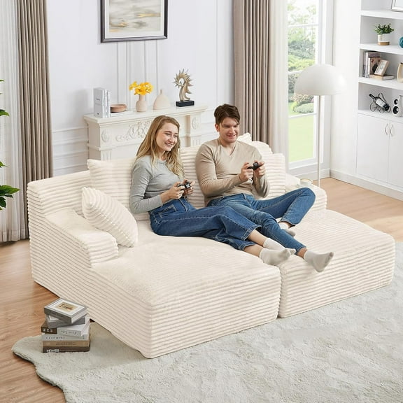AENKYO Compressible Double Chaise Lounge Sectional Couch - Fluffy Upholstered 2-Seater Loveseat for Living Room, Bedroom, No Assembly Required, White