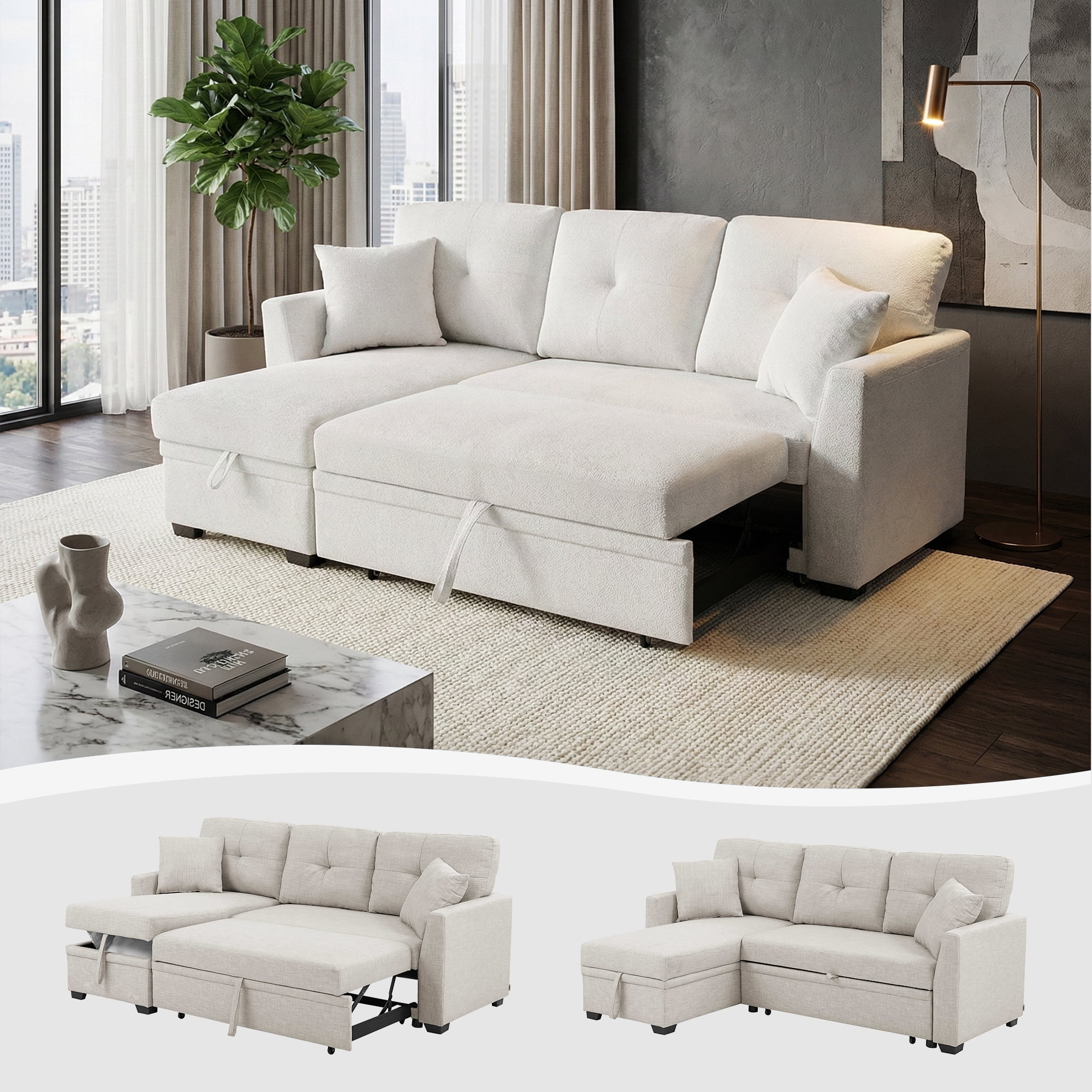 AENKYO Convertible L-Shaped Sectional Sofa Sleeper with Pull-Out Bed and Storage Chaise, Linen Upholstered Couch for Living Room，White