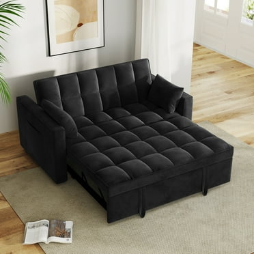 AENKYO Convertible Pull-Out Loveseat Sleeper Sofa Bed for Living Room, Modern Upholstered Futon in Black