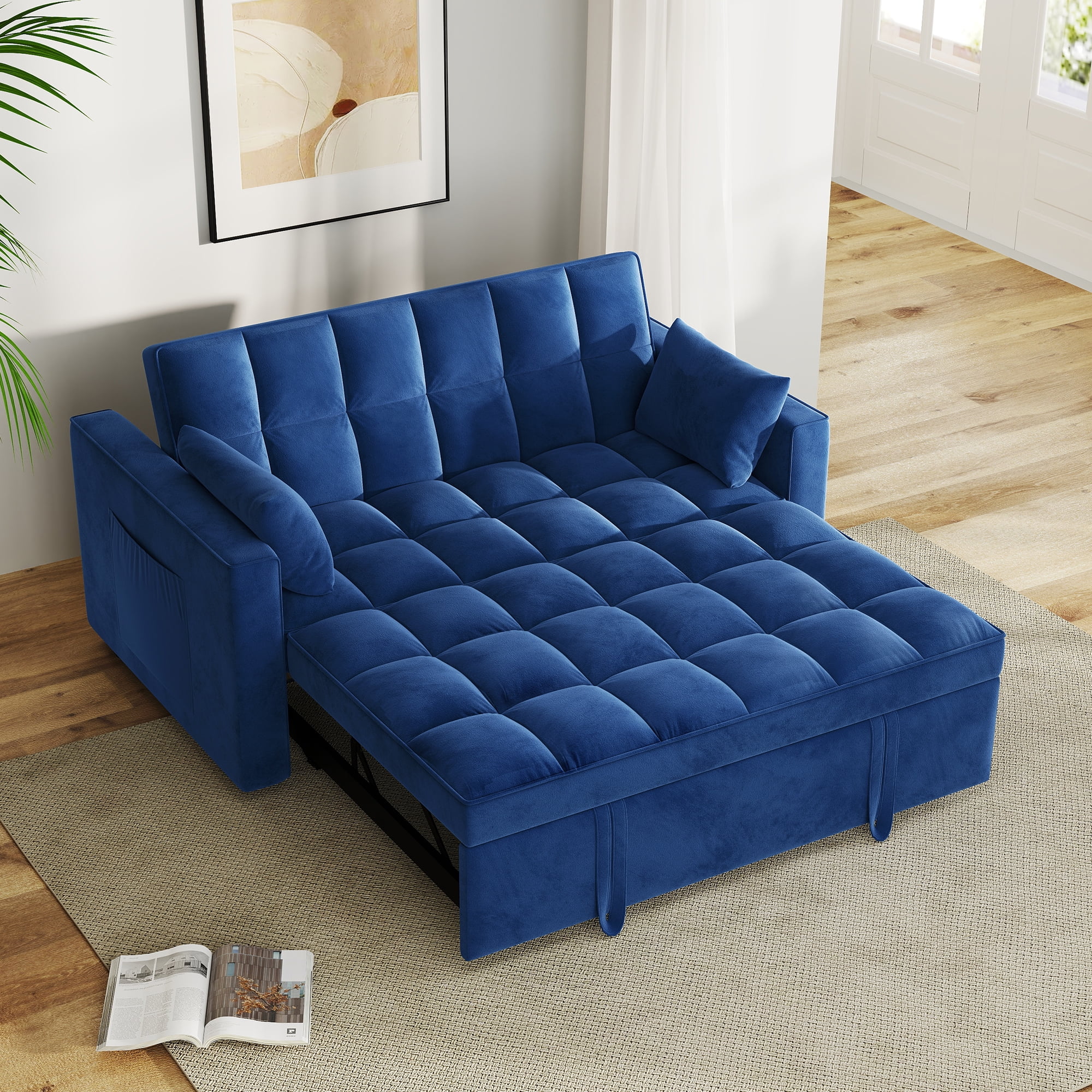 AENKYO Convertible Pull-Out Loveseat Sleeper Sofa Bed for Living Room, Modern Upholstered Futon in Blue