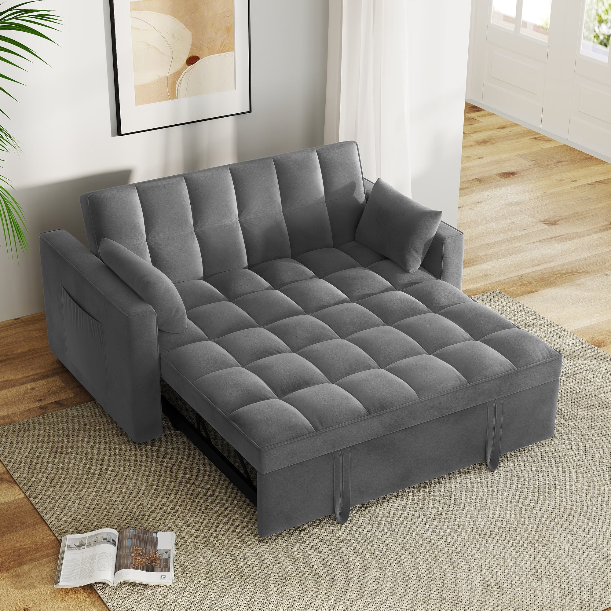 AENKYO Convertible Pull-Out Loveseat Sleeper Sofa Bed for Living Room, Modern Upholstered Futon in Dark Gray