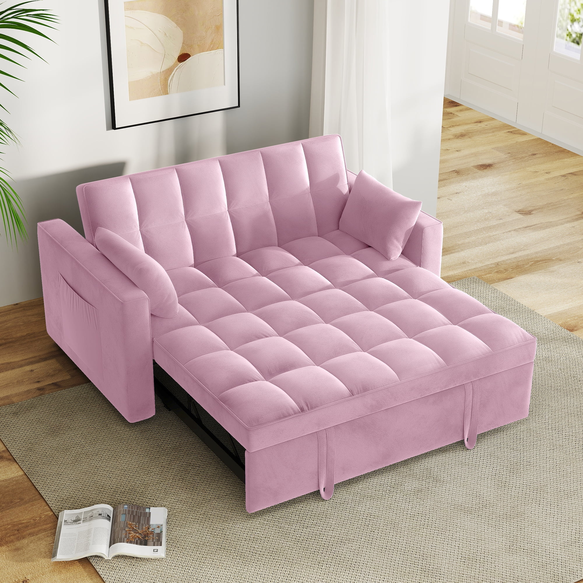 AENKYO Convertible Pull-Out Loveseat Sleeper Sofa Bed for Living Room, Modern Upholstered Futon in Pink
