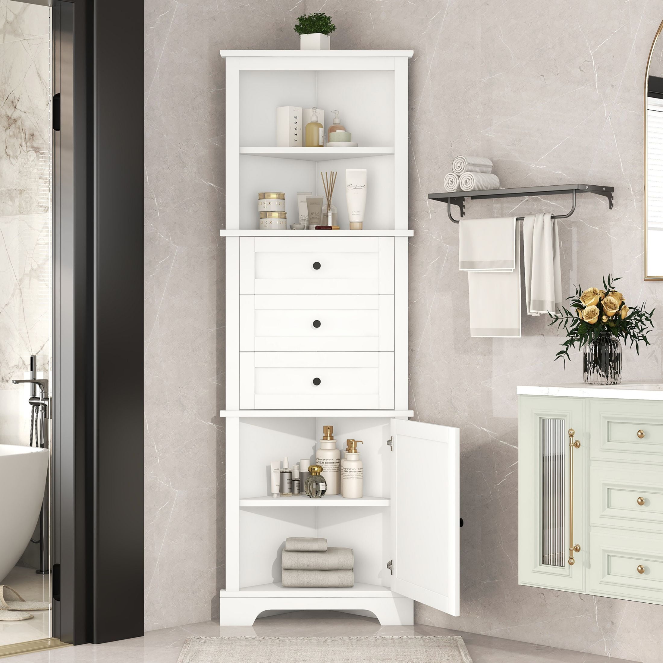 AENKYO Corner Bathroom Cabinet with Adjustable Shelves, Corner Cabinet with Open Spaces and Drawers, White