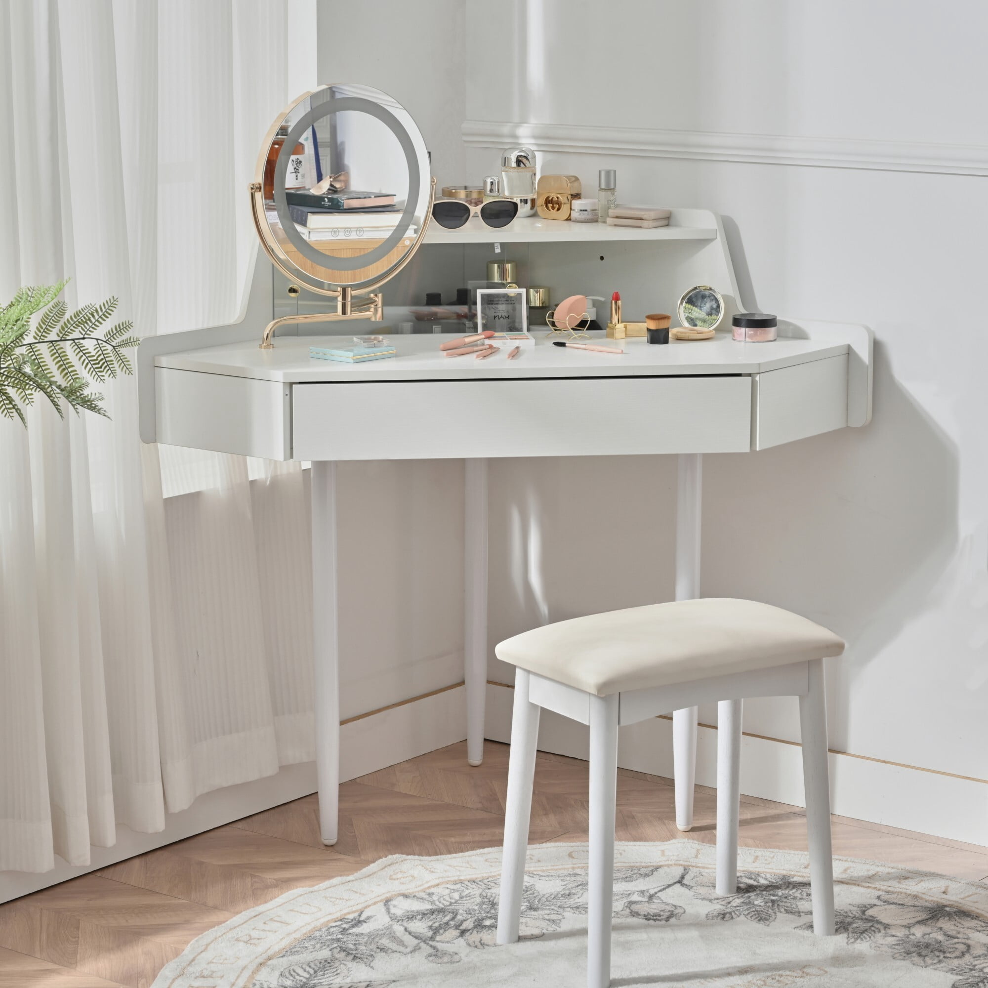 AENKYO Corner Makeup Vanity Desk Set with 360° Swivel LED Lighted Mirror, Storage Drawers & Soft Stool, White