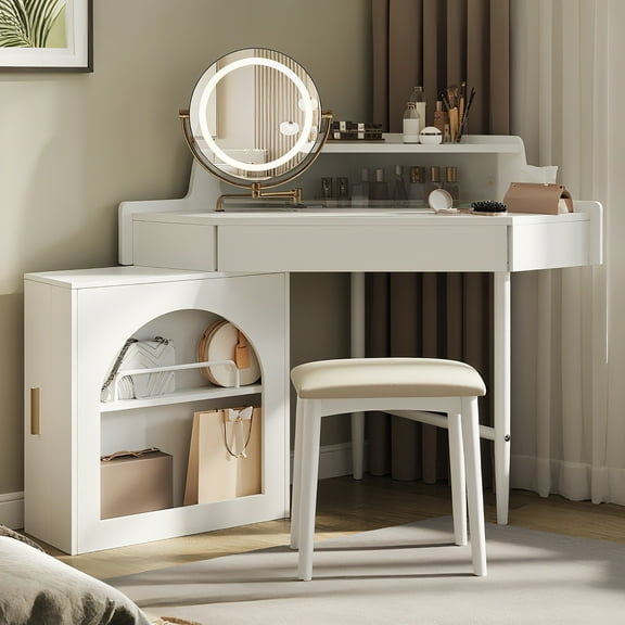 AENKYO Corner Makeup Vanity Desk with 360°Swivel LED Lighted Mirror, Movable Side Cabinet, Storage Drawers & Stool, White