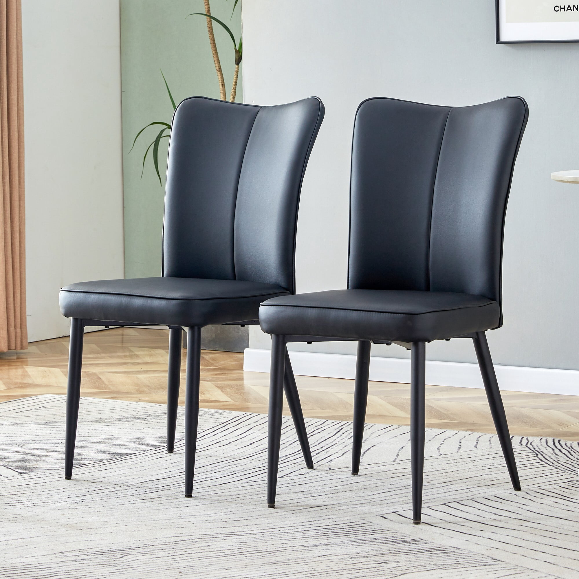 AENKYO Dining Room Chairs Set of 2, PU Leather Upholstered Kitchen Table Chairs with High Back and Metal Legs, Black
