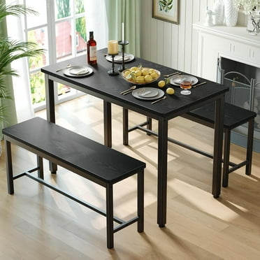 AENKYO Dining Table Set for 4, 3-Piece Dining Table Set with 2 Benches, Modern Breakfast Nook for Small Spaces, Kitchen & Apartment, Easy Assembly Black