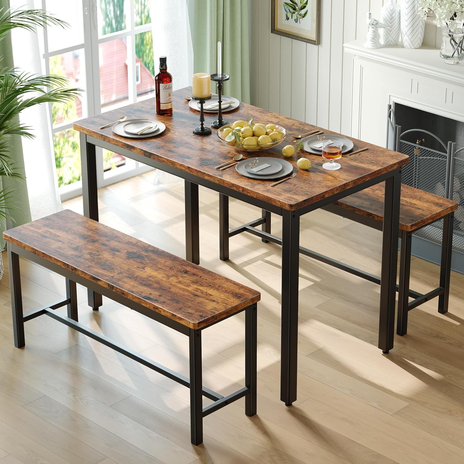 AENKYO Dining Table Set for 4, 3-Piece Kitchen Table with 2 Benches ...