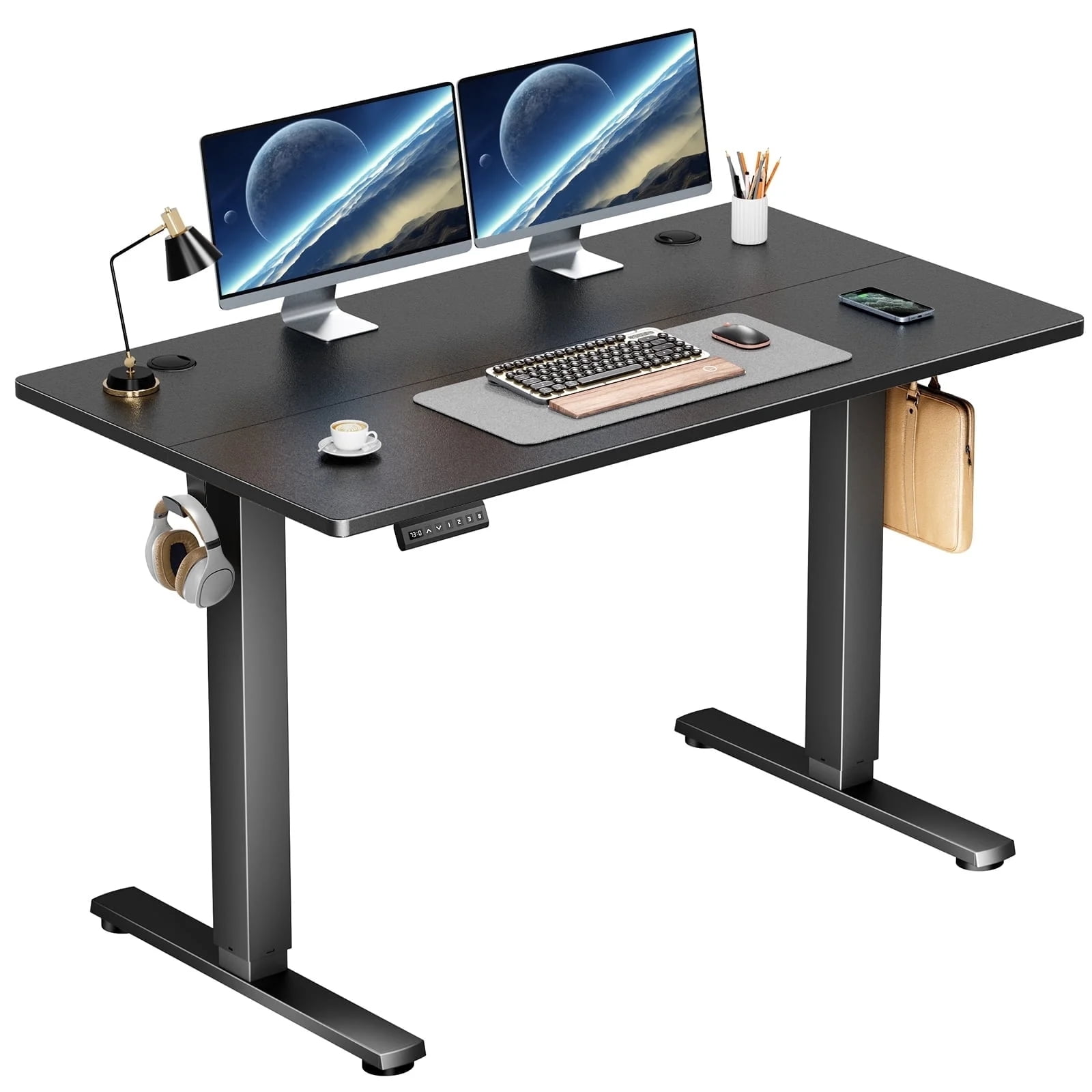 AENKYO Electric Height Adjustable Standing Desk with T-Shaped Metal Frame, Ergonomic Home Office Workstation for Computer, Modern Sit to Stand Desk，Black