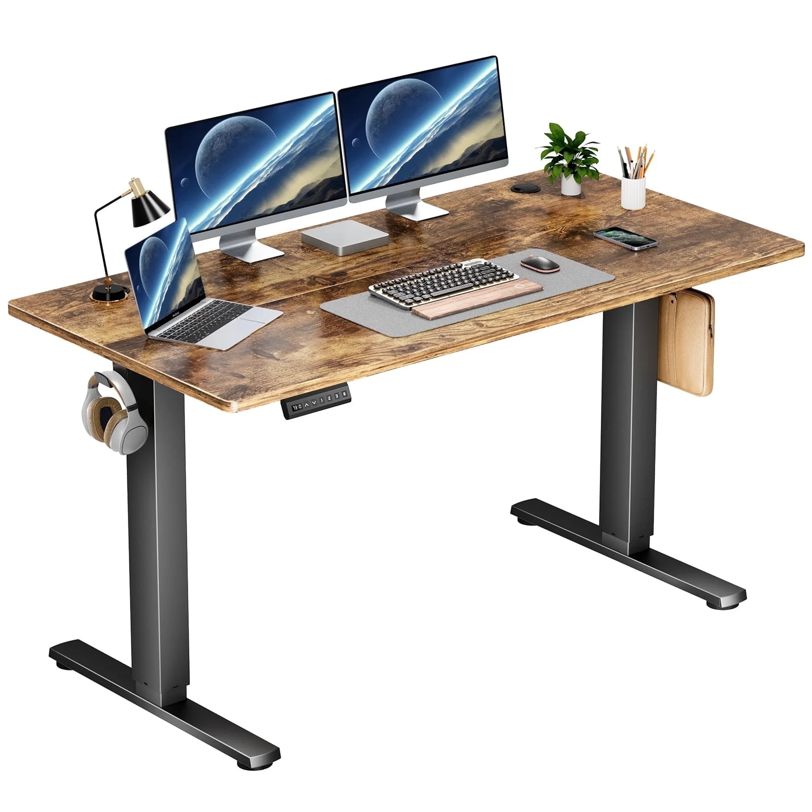 AENKYO Electric Height Adjustable Standing Desk with T-Shaped Metal Frame, Ergonomic Home Office Workstation for Computer, Modern Sit to Stand Desk，Brown