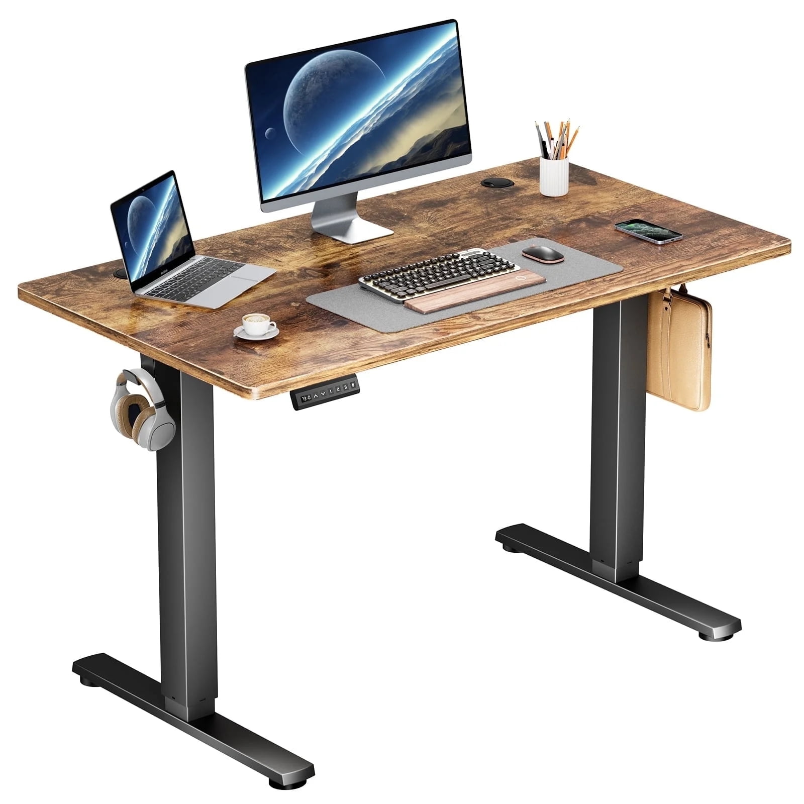 AENKYO Electric Height Adjustable Standing Desk with T-Shaped Metal Frame, Ergonomic Home Office Workstation for Computer, Modern Sit to Stand Desk，Brown