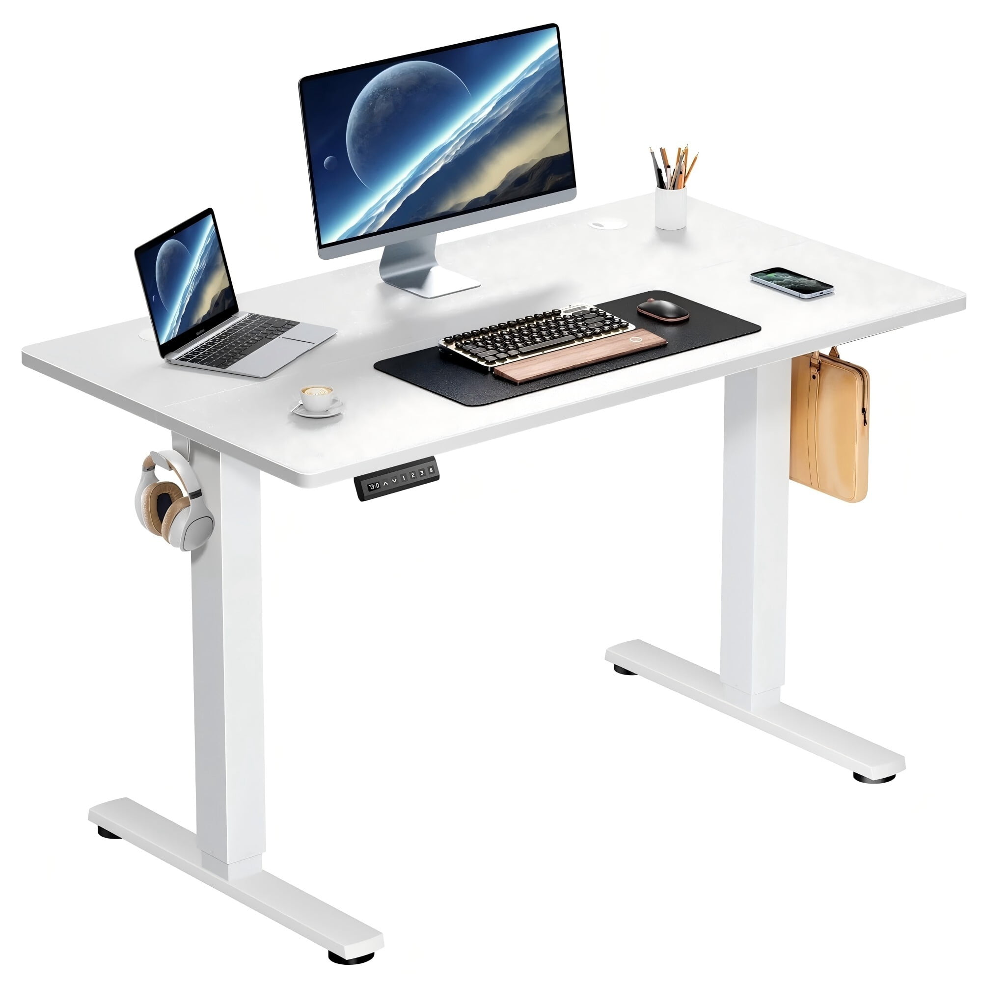 AENKYO Electric Height Adjustable Standing Desk with T-Shaped Metal Frame, Ergonomic Home Office Workstation for Computer, Modern Sit to Stand Desk，White