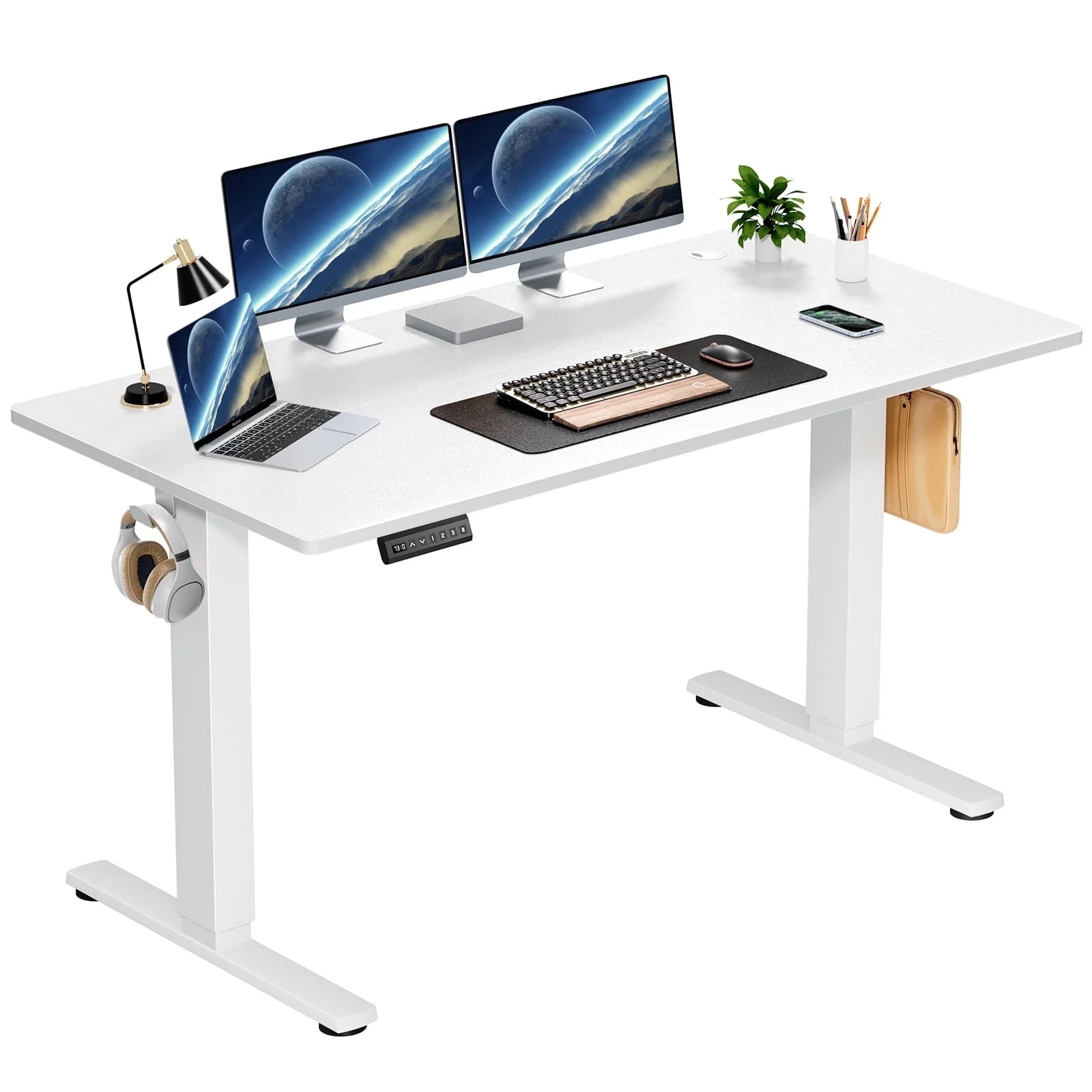 AENKYO Electric Height Adjustable Standing Desk with T-Shaped Metal Frame, Ergonomic Home Office Workstation for Computer, Modern Sit to Stand Desk，White