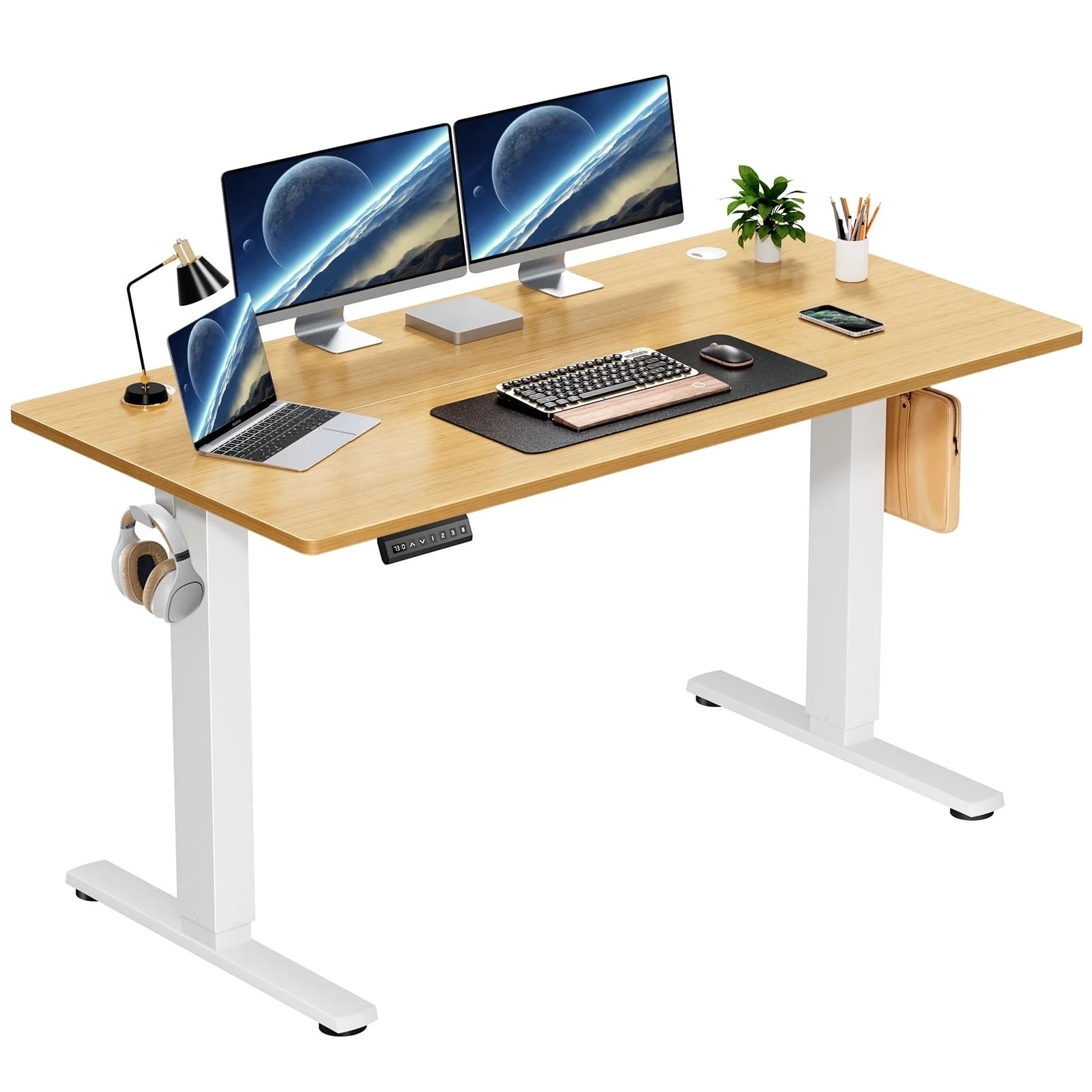 AENKYO Electric Height Adjustable Standing Desk with T-Shaped Metal Frame, Ergonomic Home Office Workstation for Computer, Modern Sit to Stand Desk，Yellow