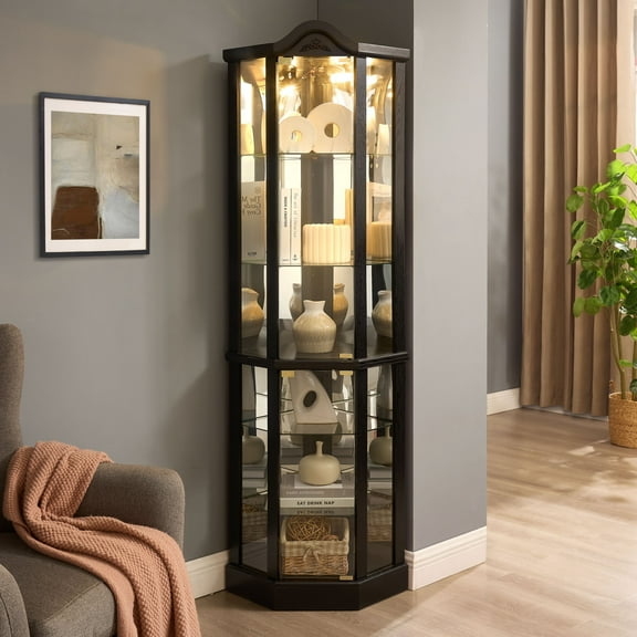 AENKYO Elegant Corner Curio Cabinet with Light Bulb & Adjustable Shelves, Glass Display Case for Collectibles, Black